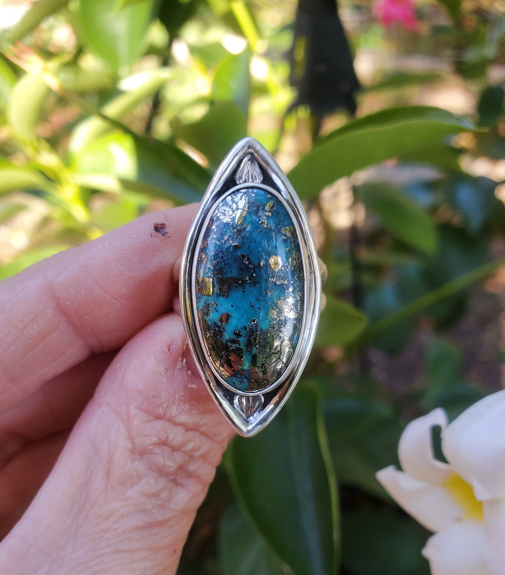 Ithaca Peak Turquoise Marquise Statement Ring in Solid Sterling Silver.  Size 7