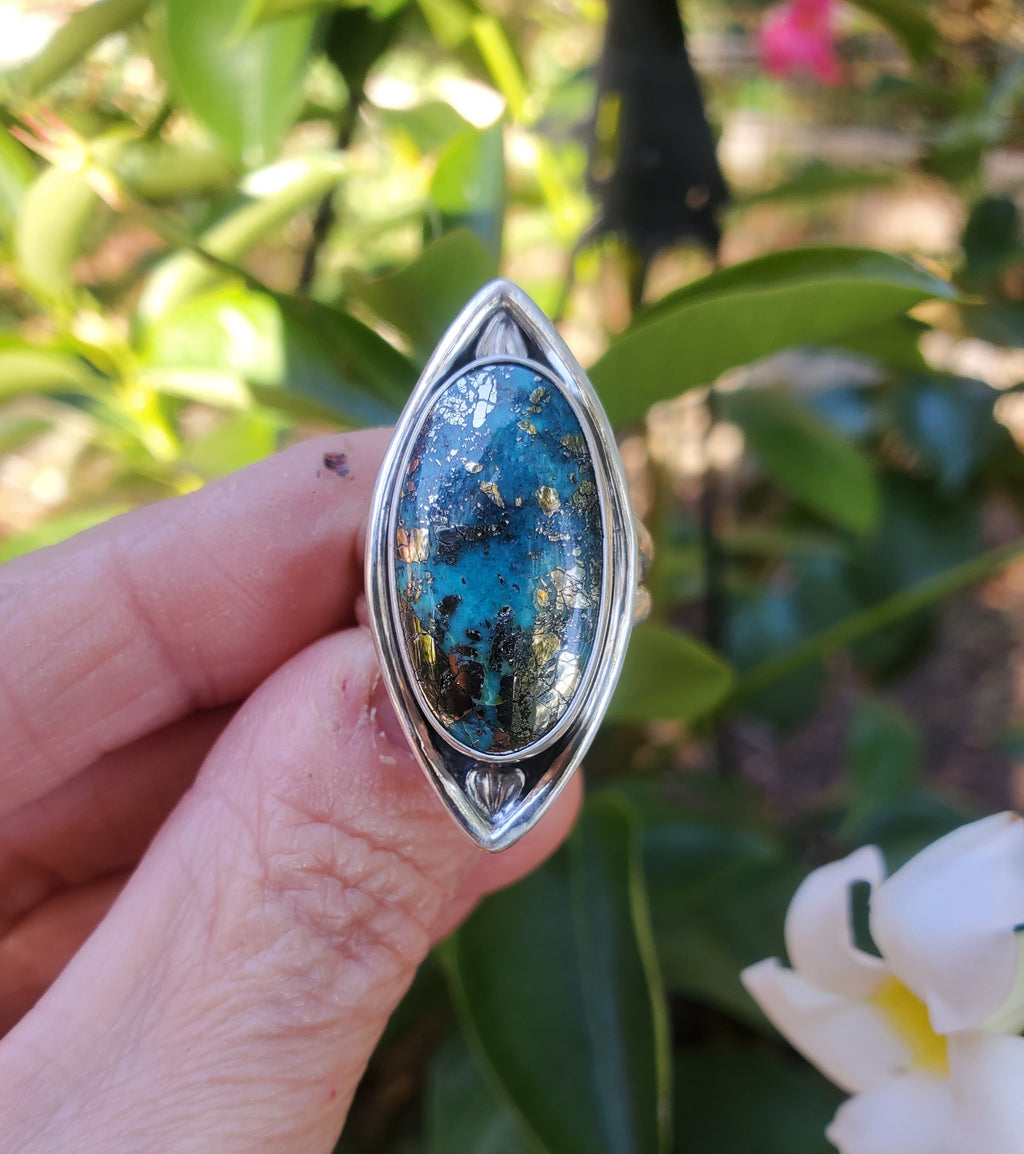 Ithaca Peak Turquoise Marquise Statement Ring in Solid Sterling Silver.  Size 7