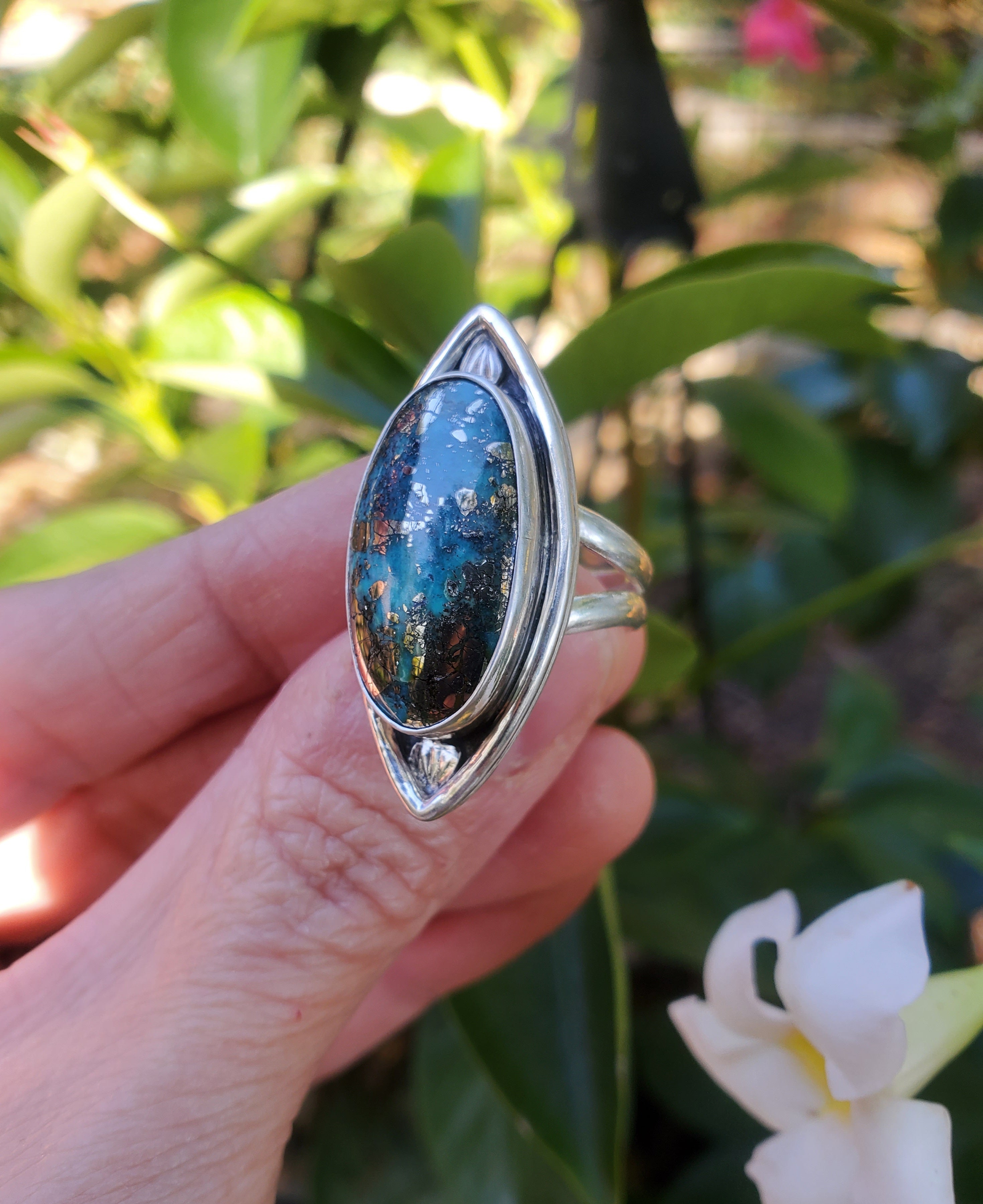 Ithaca Peak Turquoise Marquise Statement Ring in Solid Sterling Silver.  Size 7