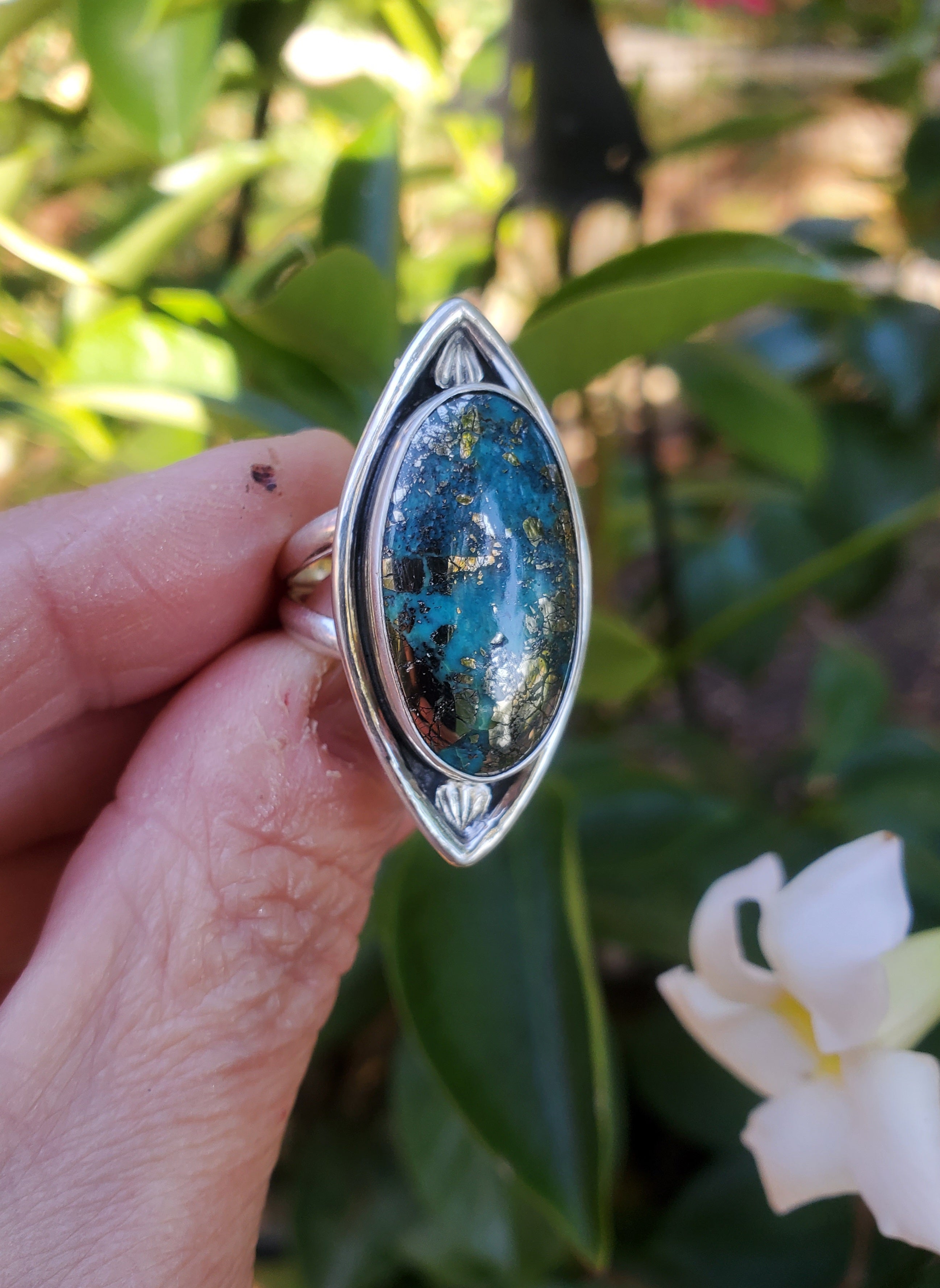 Ithaca Peak Turquoise Marquise Statement Ring in Solid Sterling Silver.  Size 7