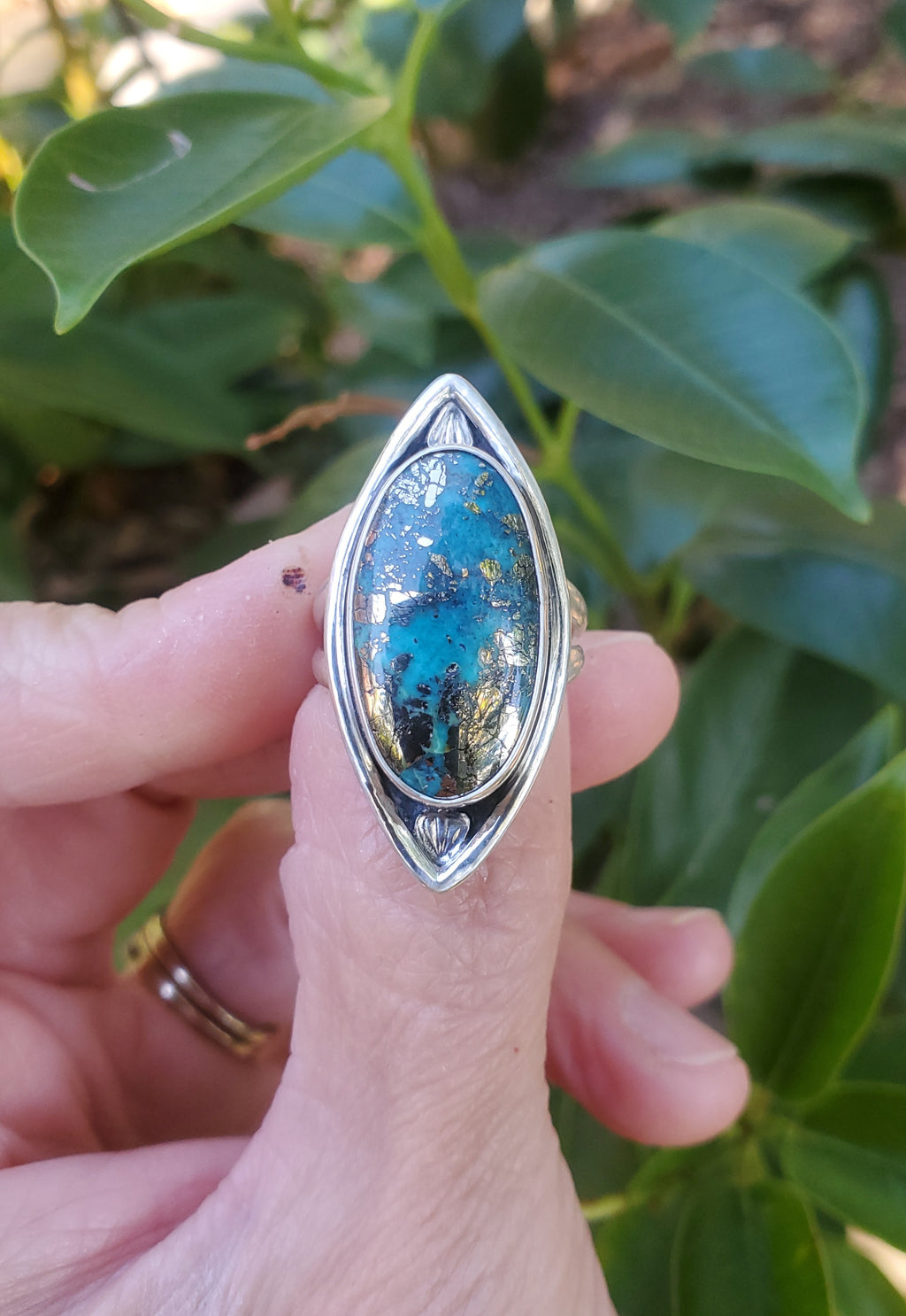 Ithaca Peak Turquoise Marquise Statement Ring in Solid Sterling Silver.  Size 7