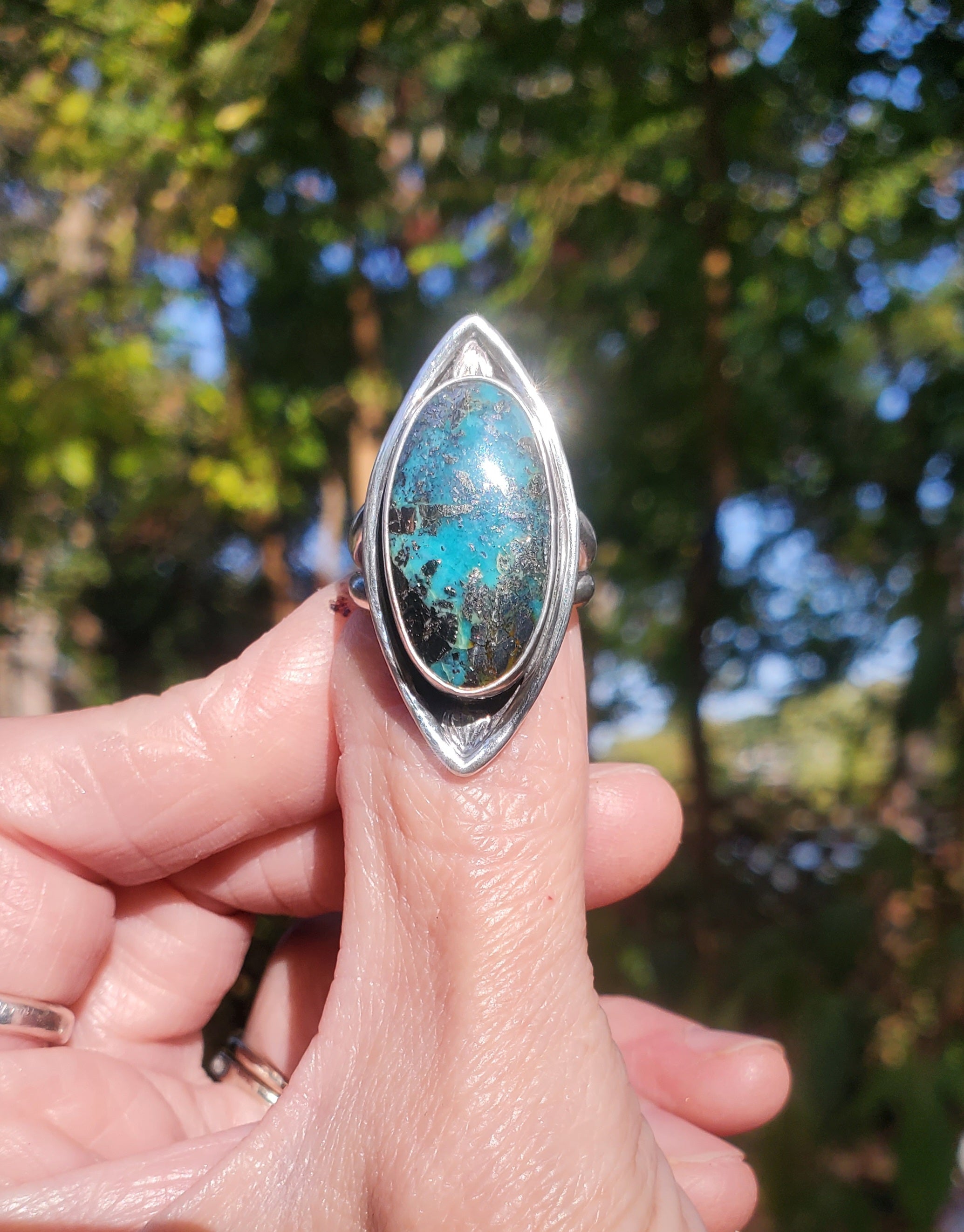 Ithaca Peak Turquoise Marquise Statement Ring in Solid Sterling Silver.  Size 7