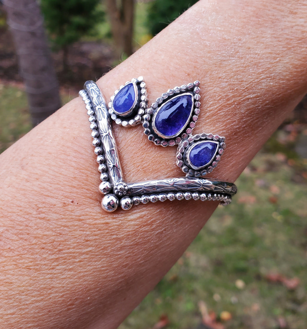 Triple Rustic Tanzanite Sterling Silver Chevron Statement Cuff Bracelet