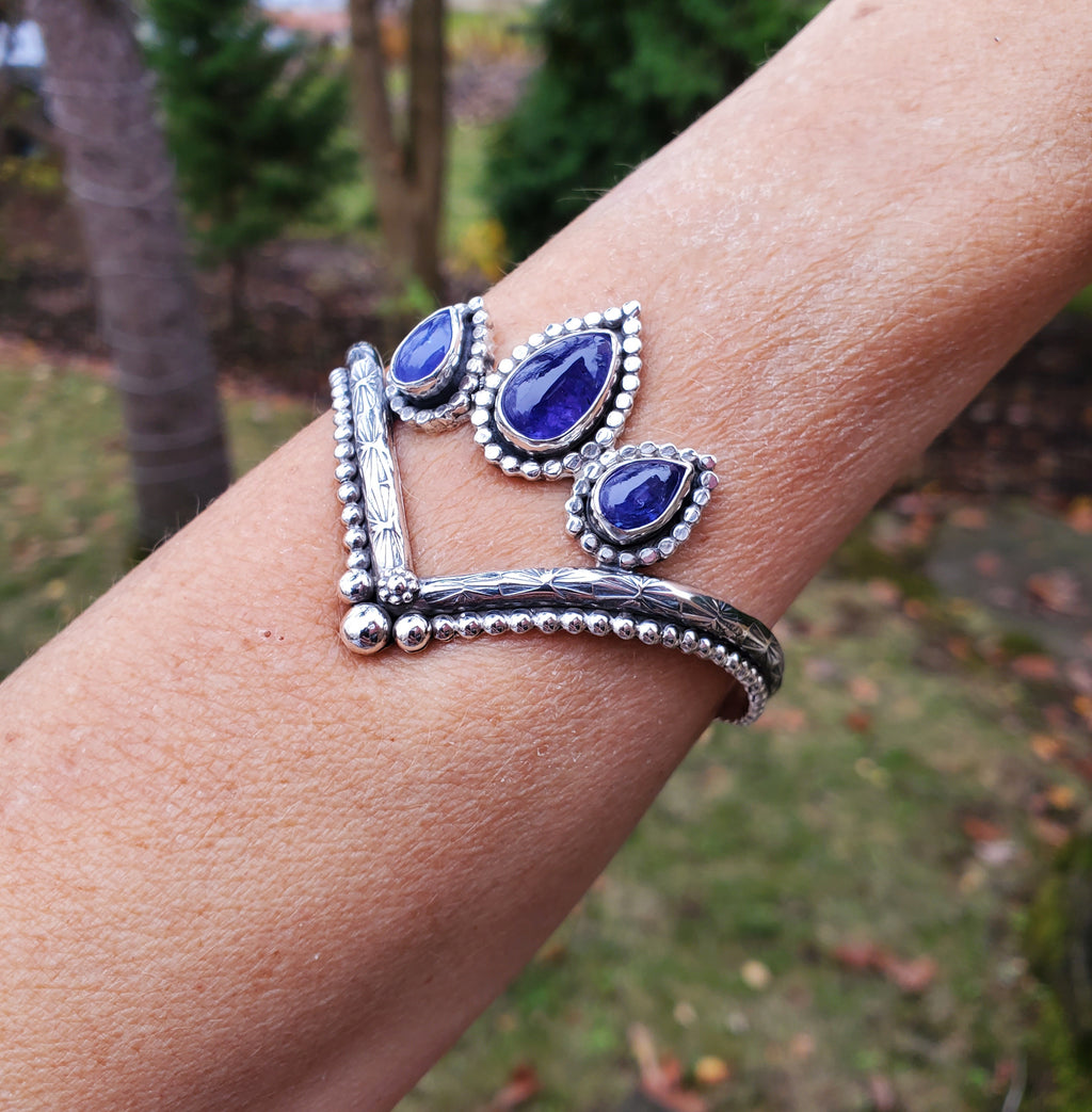 Triple Rustic Tanzanite Sterling Silver Chevron Statement Cuff Bracelet