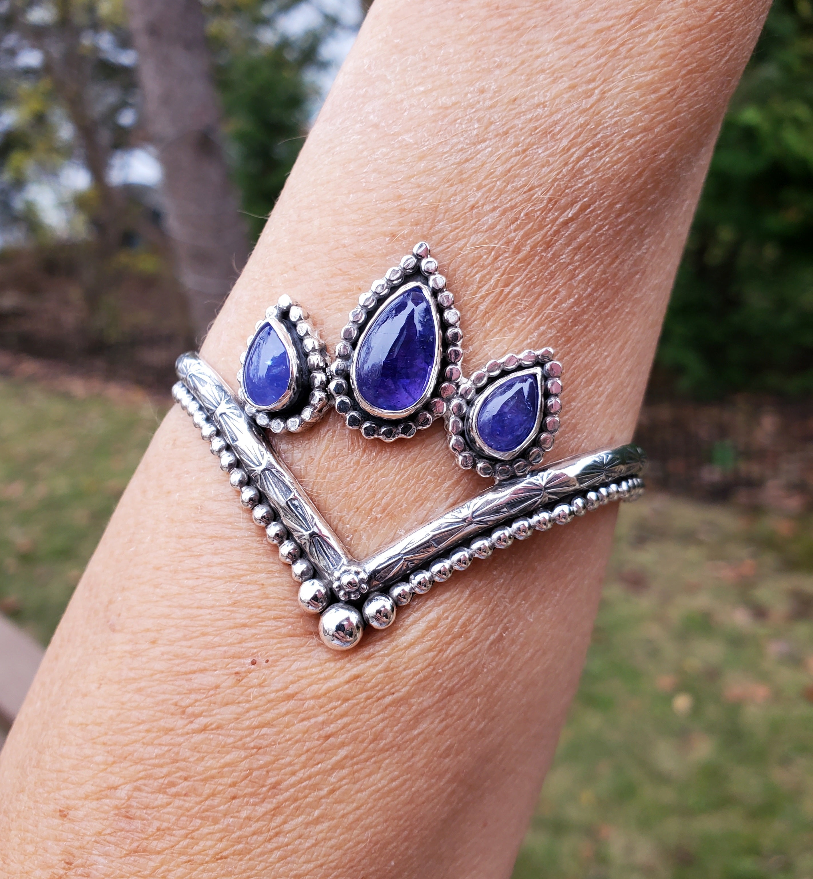Triple Rustic Tanzanite Sterling Silver Chevron Statement Cuff Bracelet