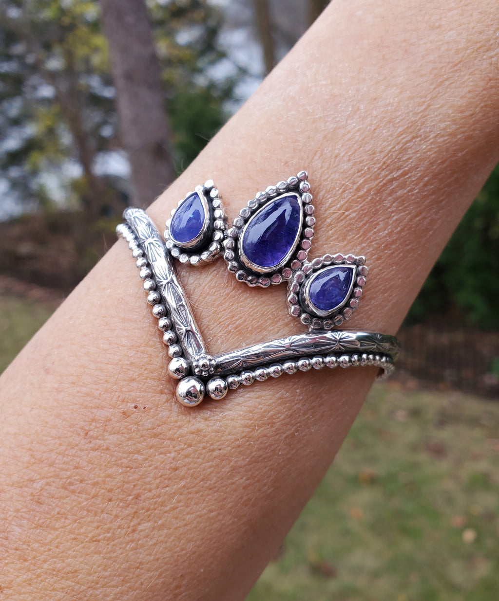 Triple Rustic Tanzanite Sterling Silver Chevron Statement Cuff Bracelet