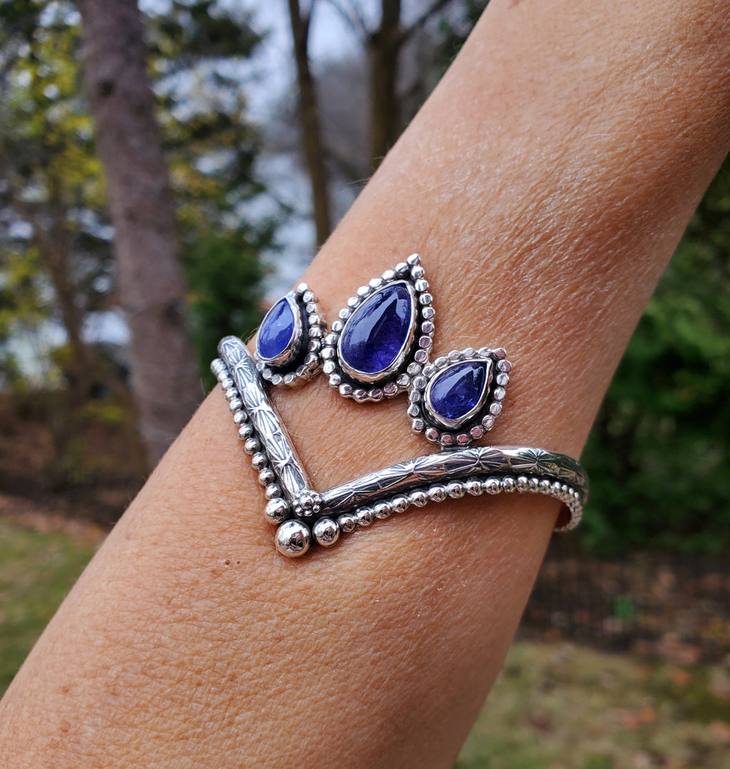 Triple Rustic Tanzanite Sterling Silver Chevron Statement Cuff Bracelet