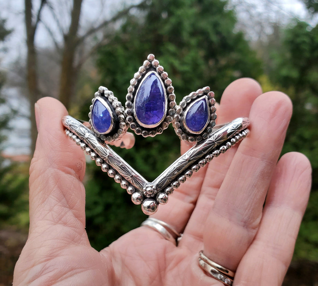 Triple Rustic Tanzanite Sterling Silver Chevron Statement Cuff Bracelet
