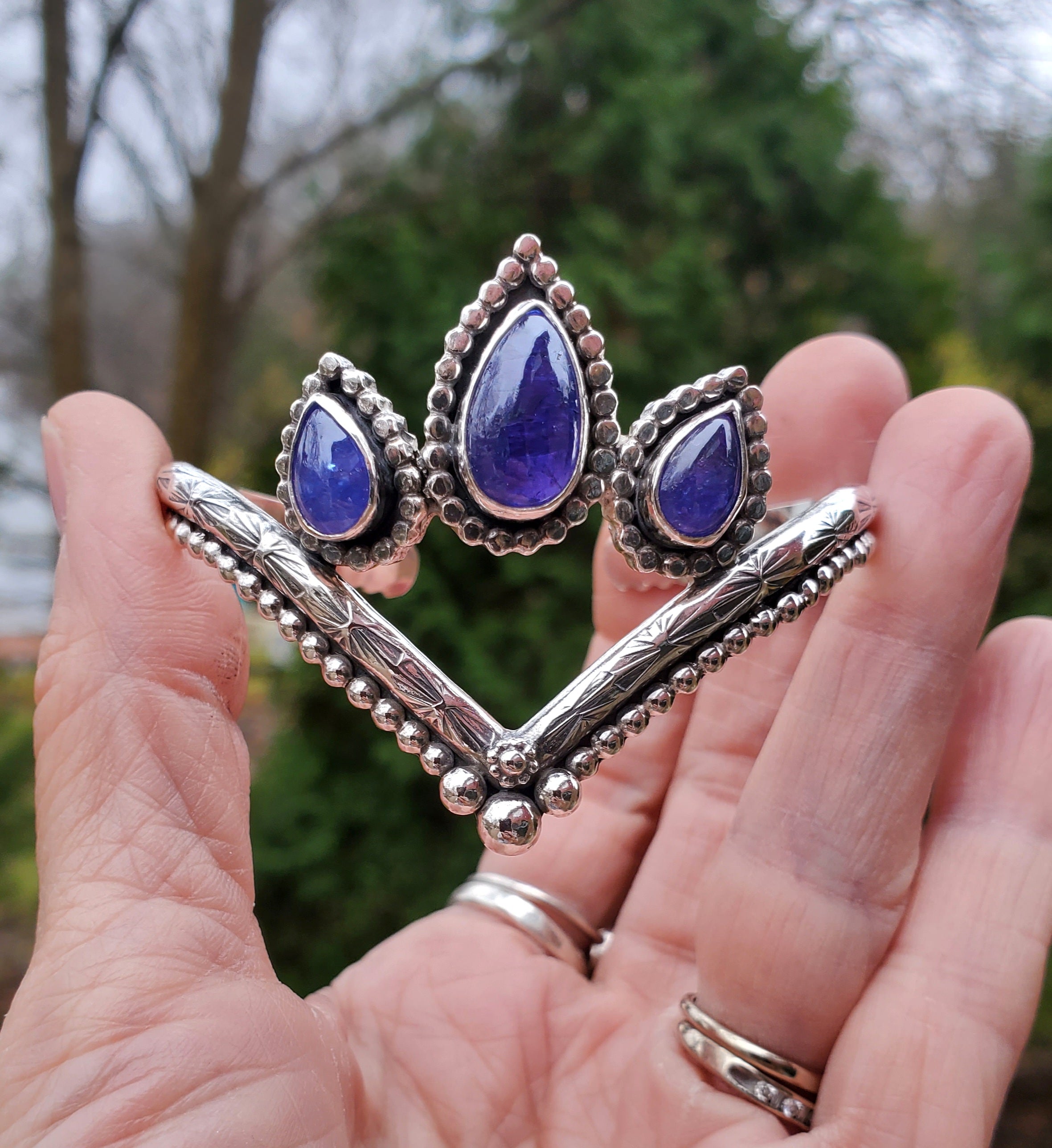 Triple Rustic Tanzanite Sterling Silver Chevron Statement Cuff Bracelet