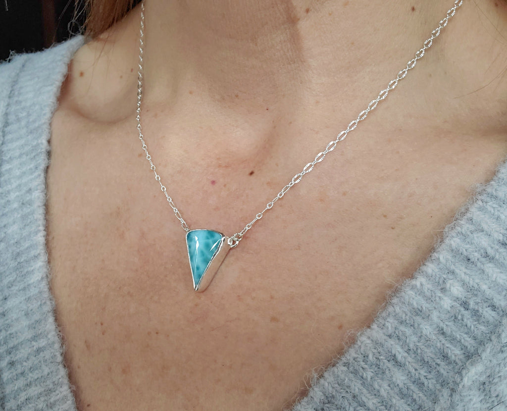 Larimar Inverted Triangle Shape Pendant Necklace in Solid Sterling Silver!
