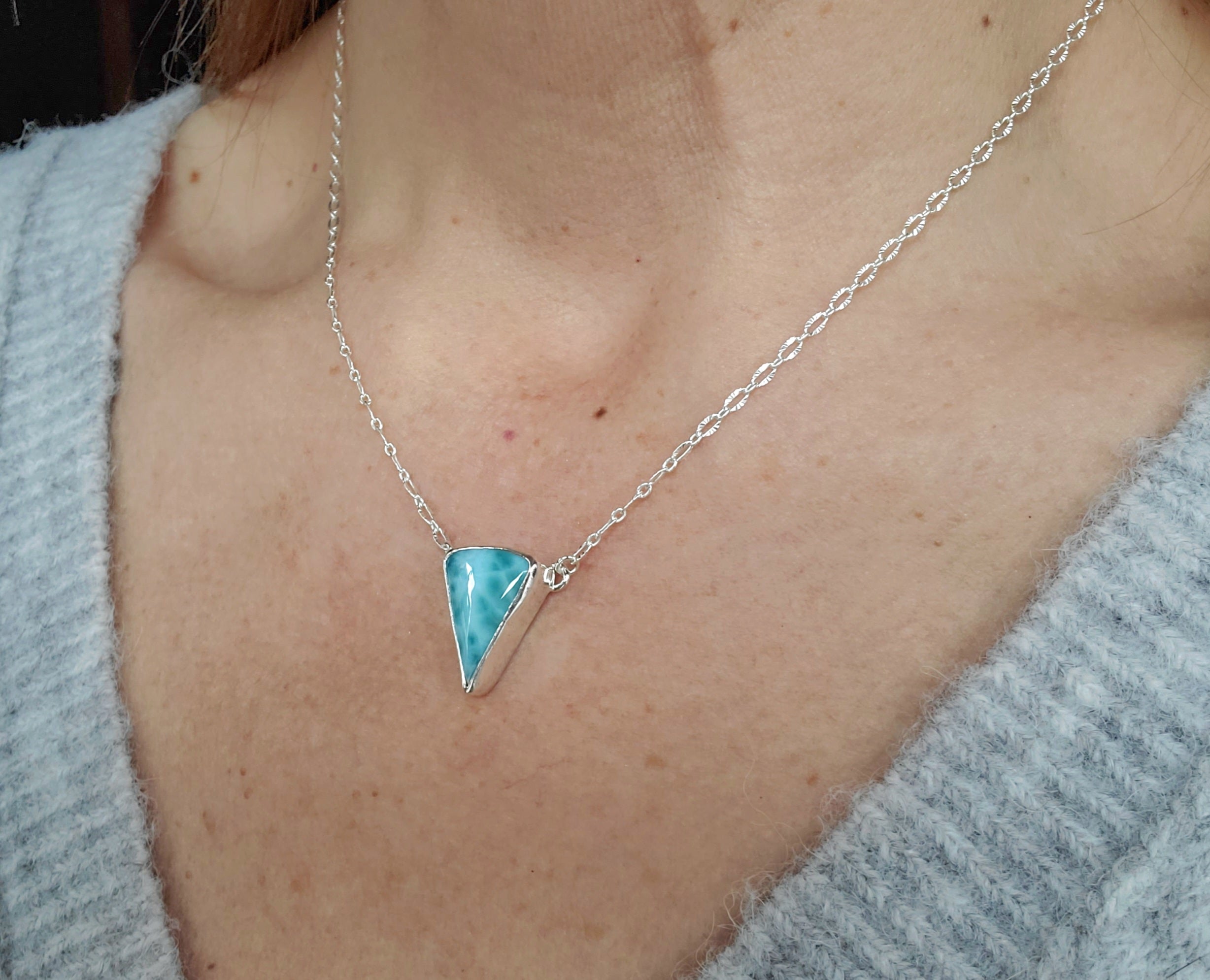 Larimar Inverted Triangle Shape Pendant Necklace in Solid Sterling Silver!