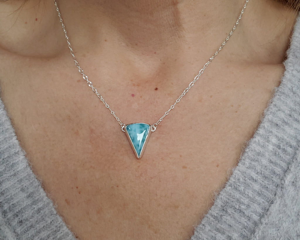 Larimar Inverted Triangle Shape Pendant Necklace in Solid Sterling Silver!