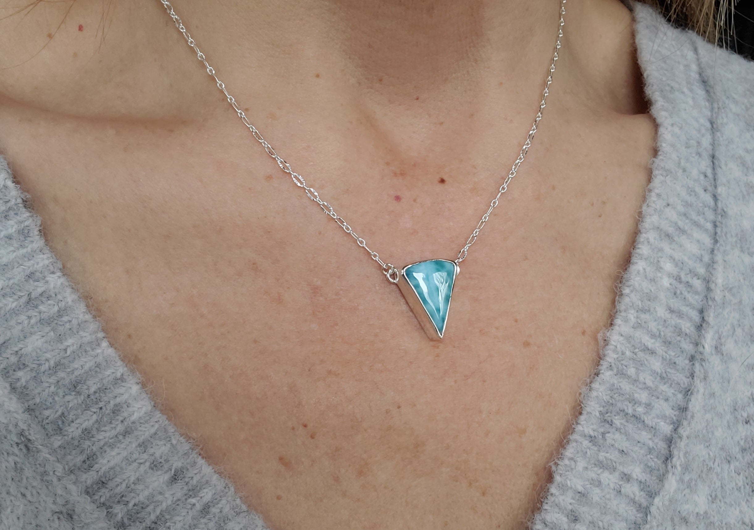 Larimar Inverted Triangle Shape Pendant Necklace in Solid Sterling Silver!