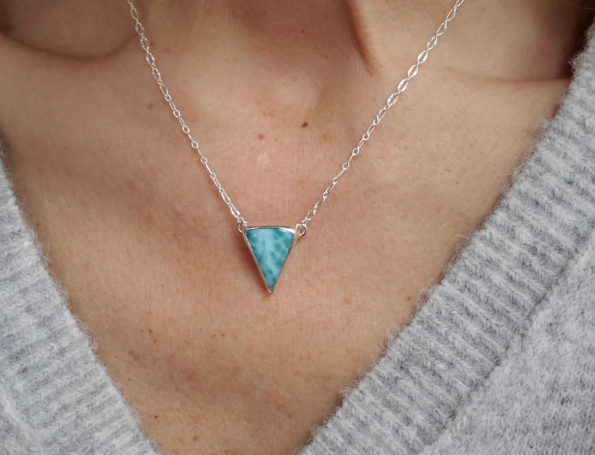 Larimar Inverted Triangle Shape Pendant Necklace in Solid Sterling Silver!