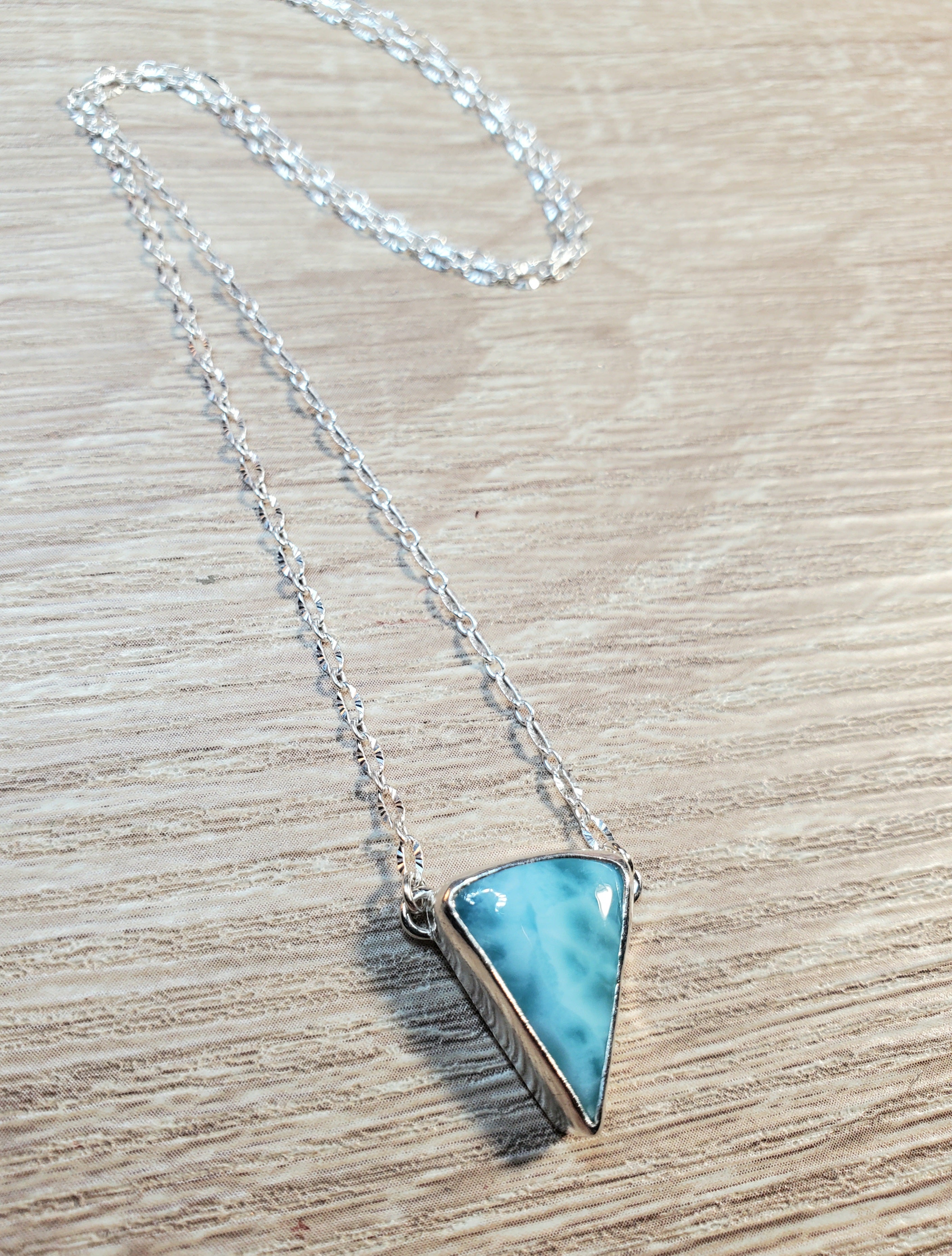 Larimar Inverted Triangle Shape Pendant Necklace in Solid Sterling Silver!