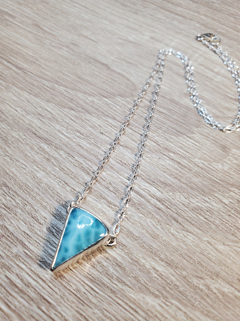 Larimar Inverted Triangle Shape Pendant Necklace in Solid Sterling Silver!