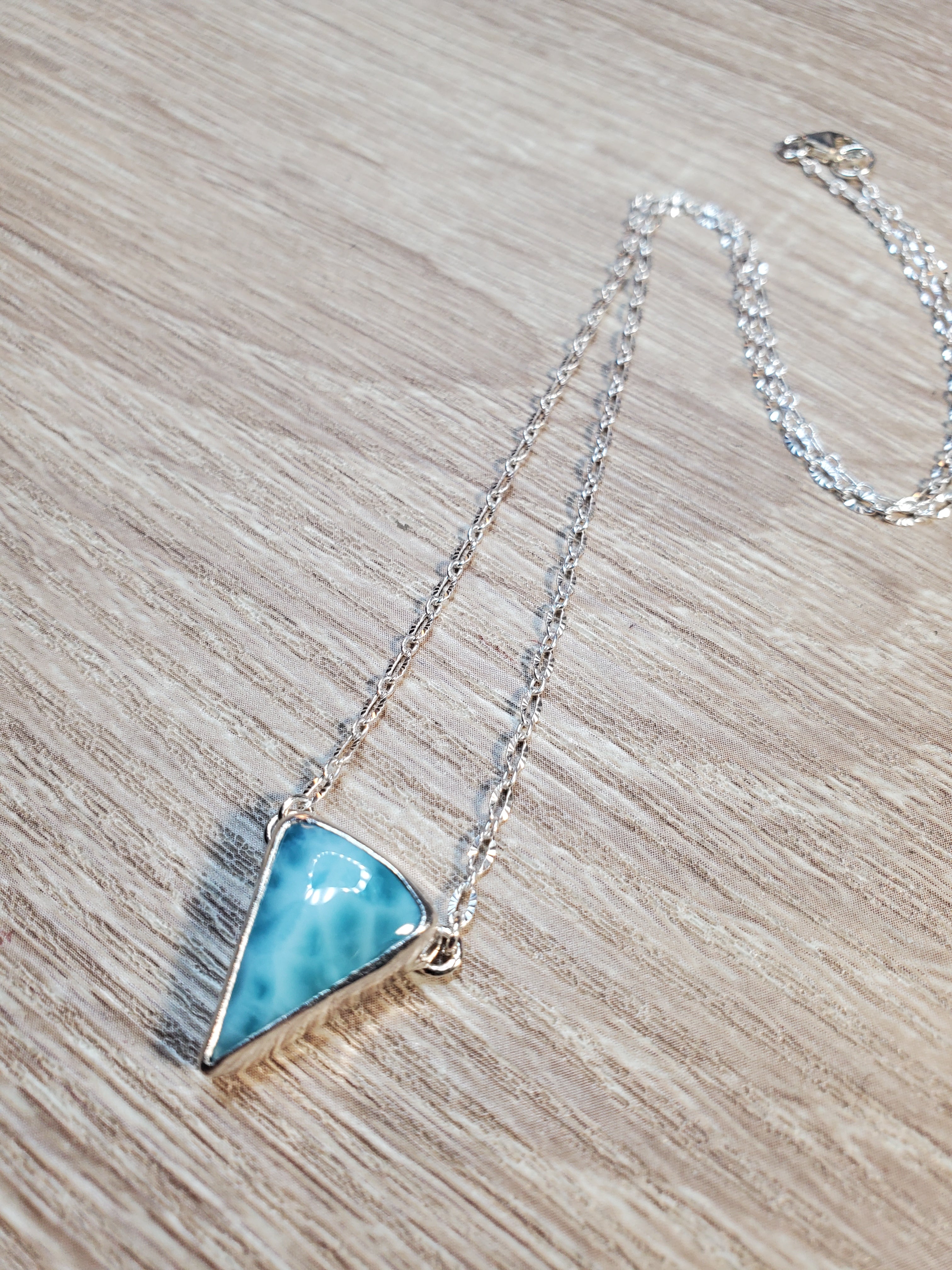 Larimar Inverted Triangle Shape Pendant Necklace in Solid Sterling Silver!