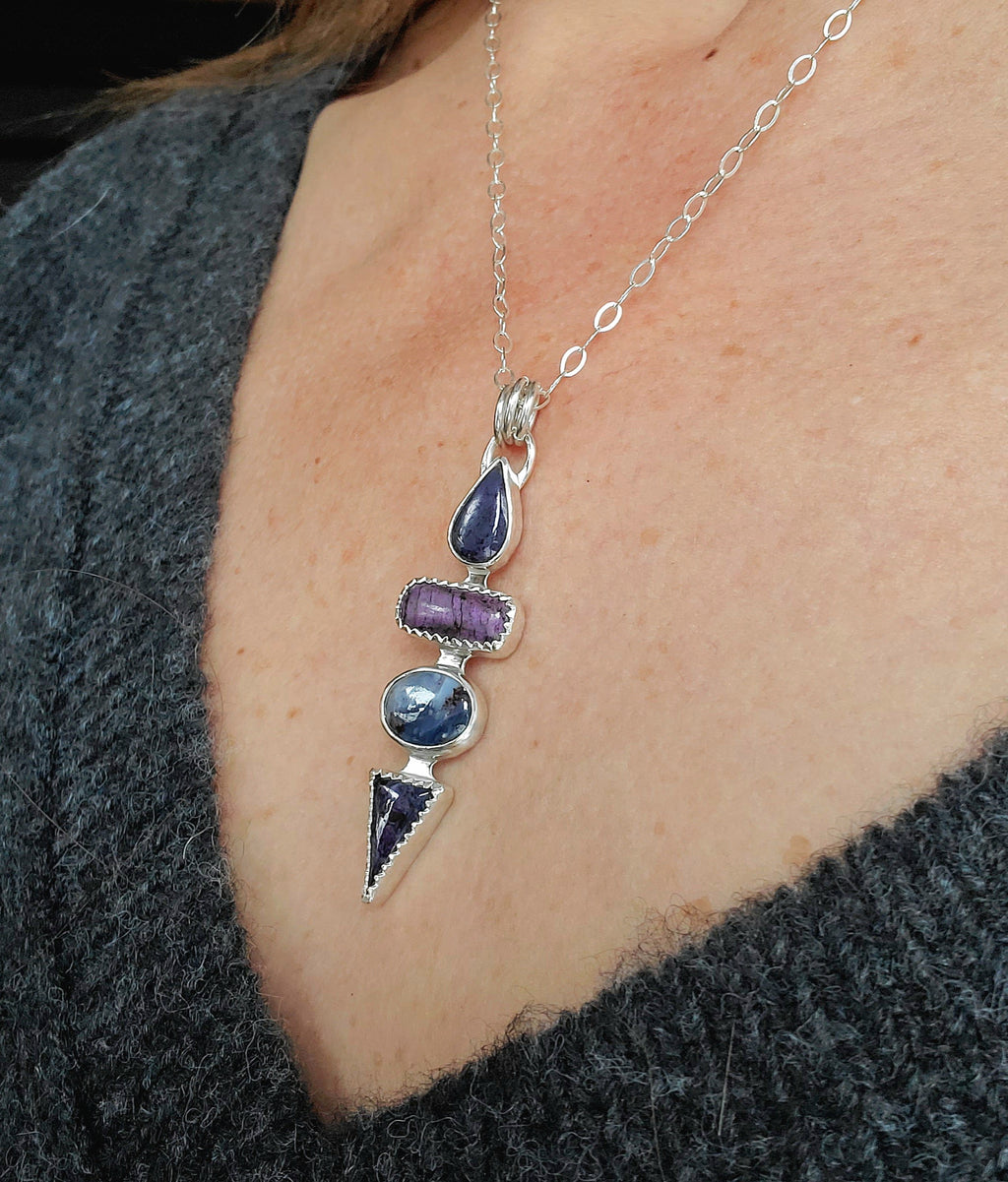 Deep Purple Sugilite Multi Stone Long Pendant Necklace in Solid Sterling Silver