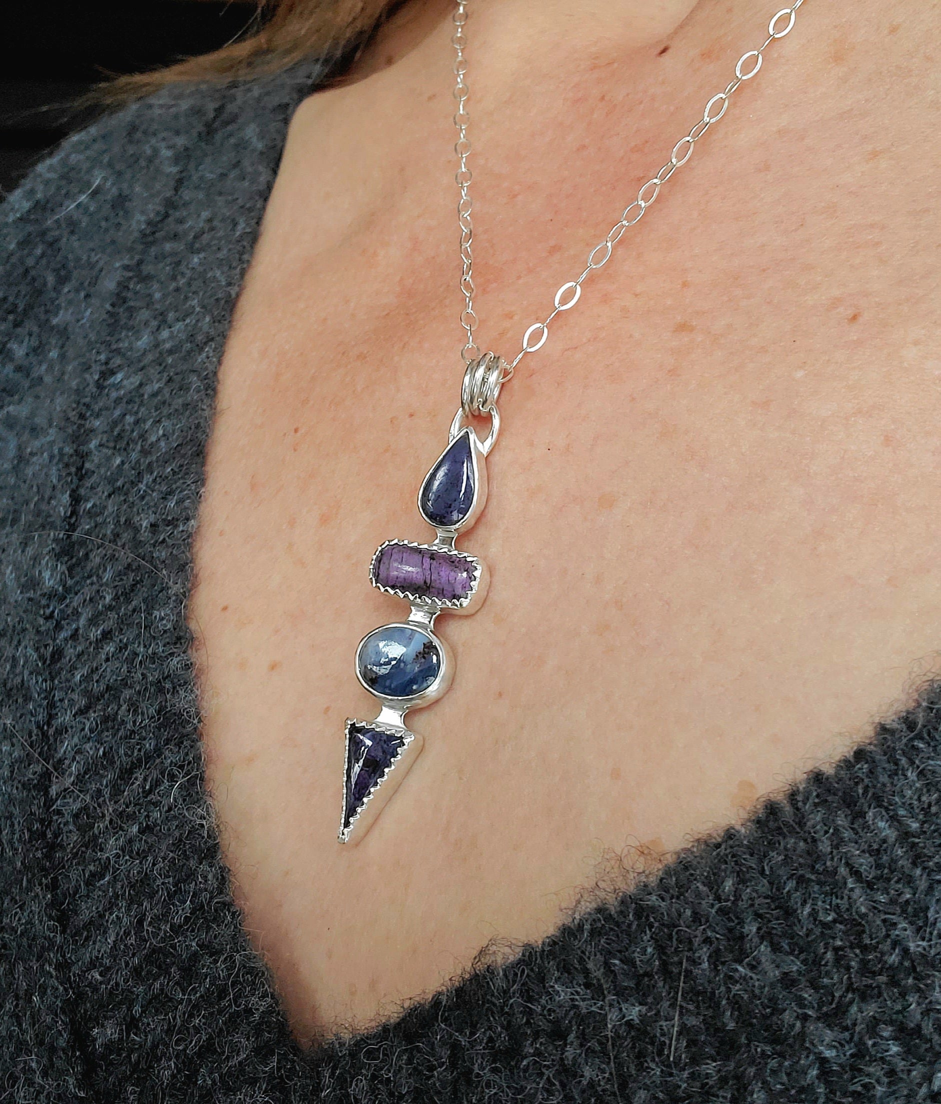 Deep Purple Sugilite Multi Stone Long Pendant Necklace in Solid Sterling Silver
