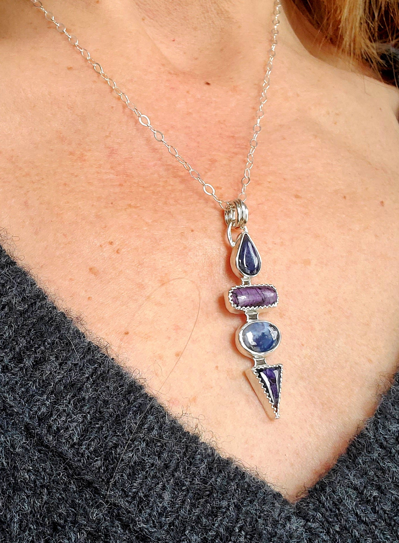 Deep Purple Sugilite Multi Stone Long Pendant Necklace in Solid Sterling Silver