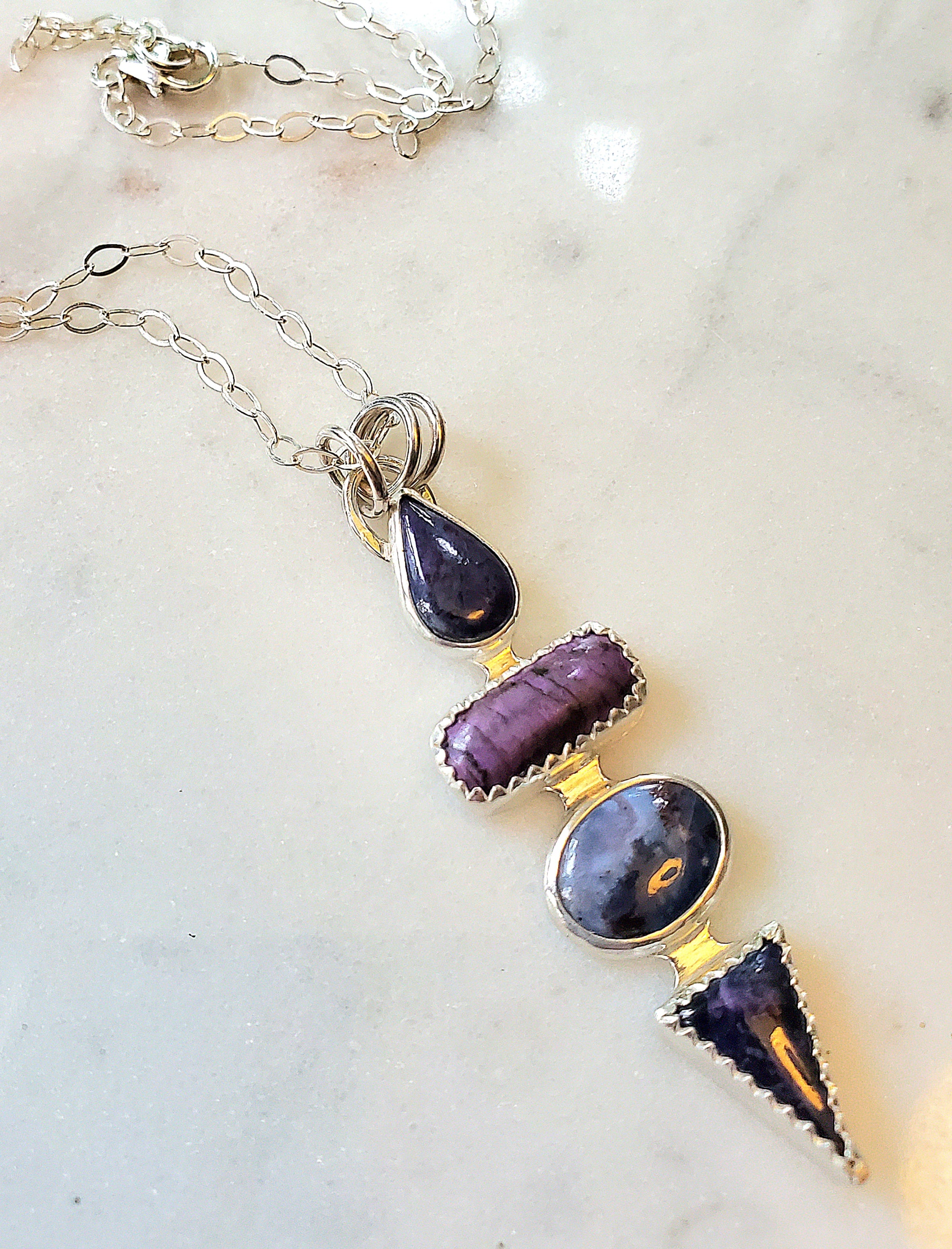 Deep Purple Sugilite Multi Stone Long Pendant Necklace in Solid Sterling Silver