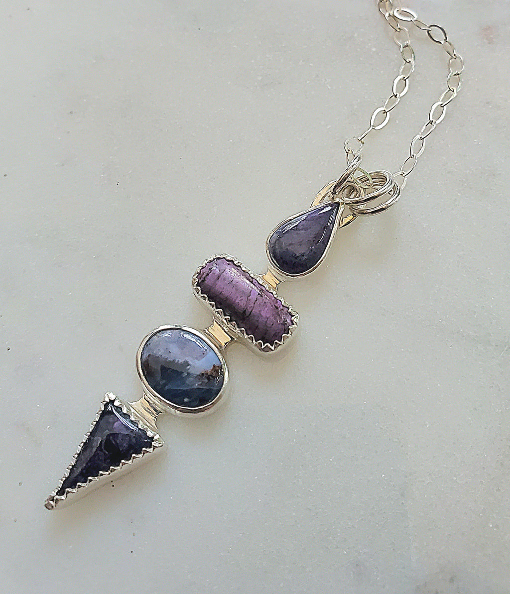 Deep Purple Sugilite Multi Stone Long Pendant Necklace in Solid Sterling Silver
