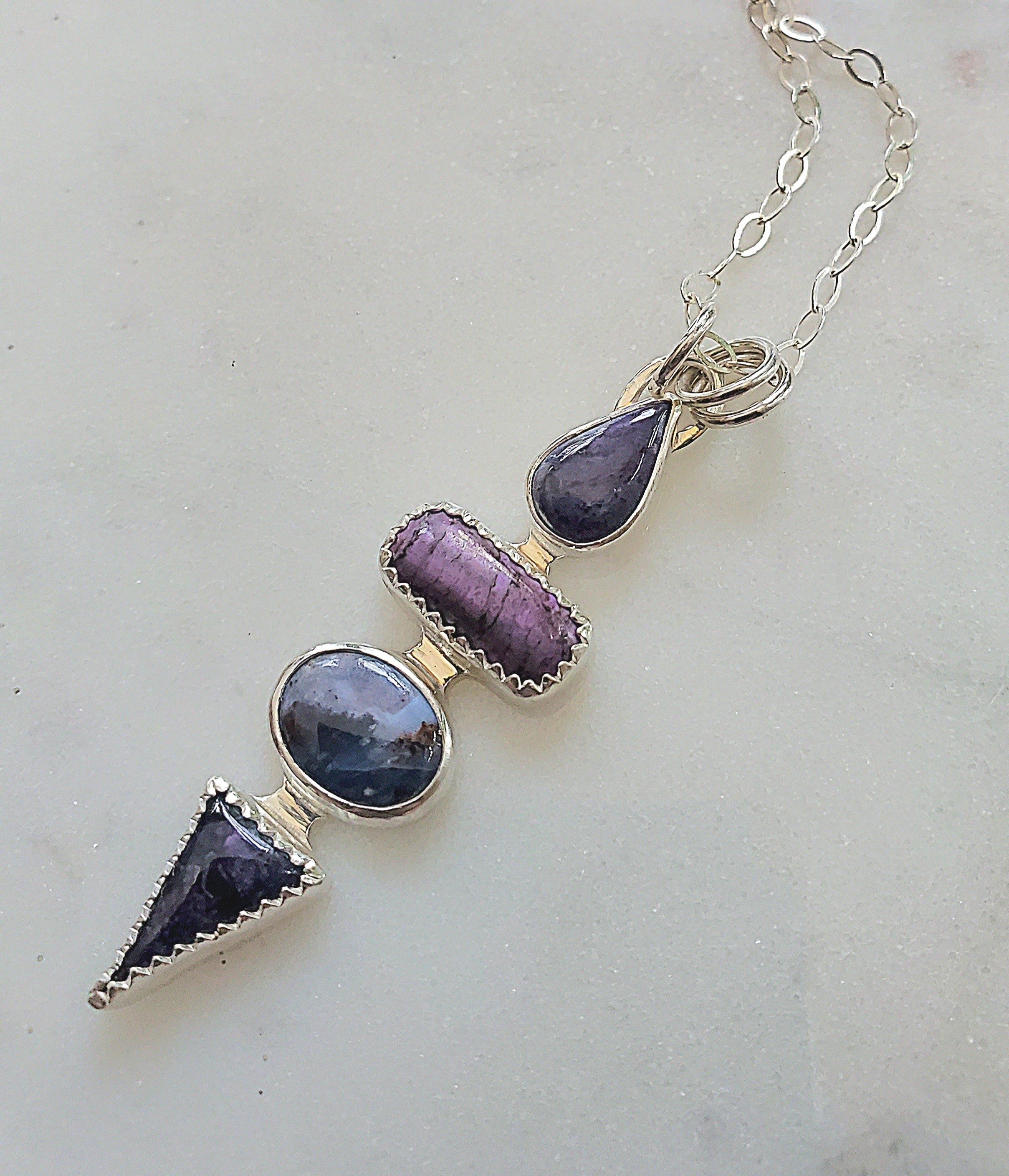 Deep Purple Sugilite Multi Stone Long Pendant Necklace in Solid Sterling Silver