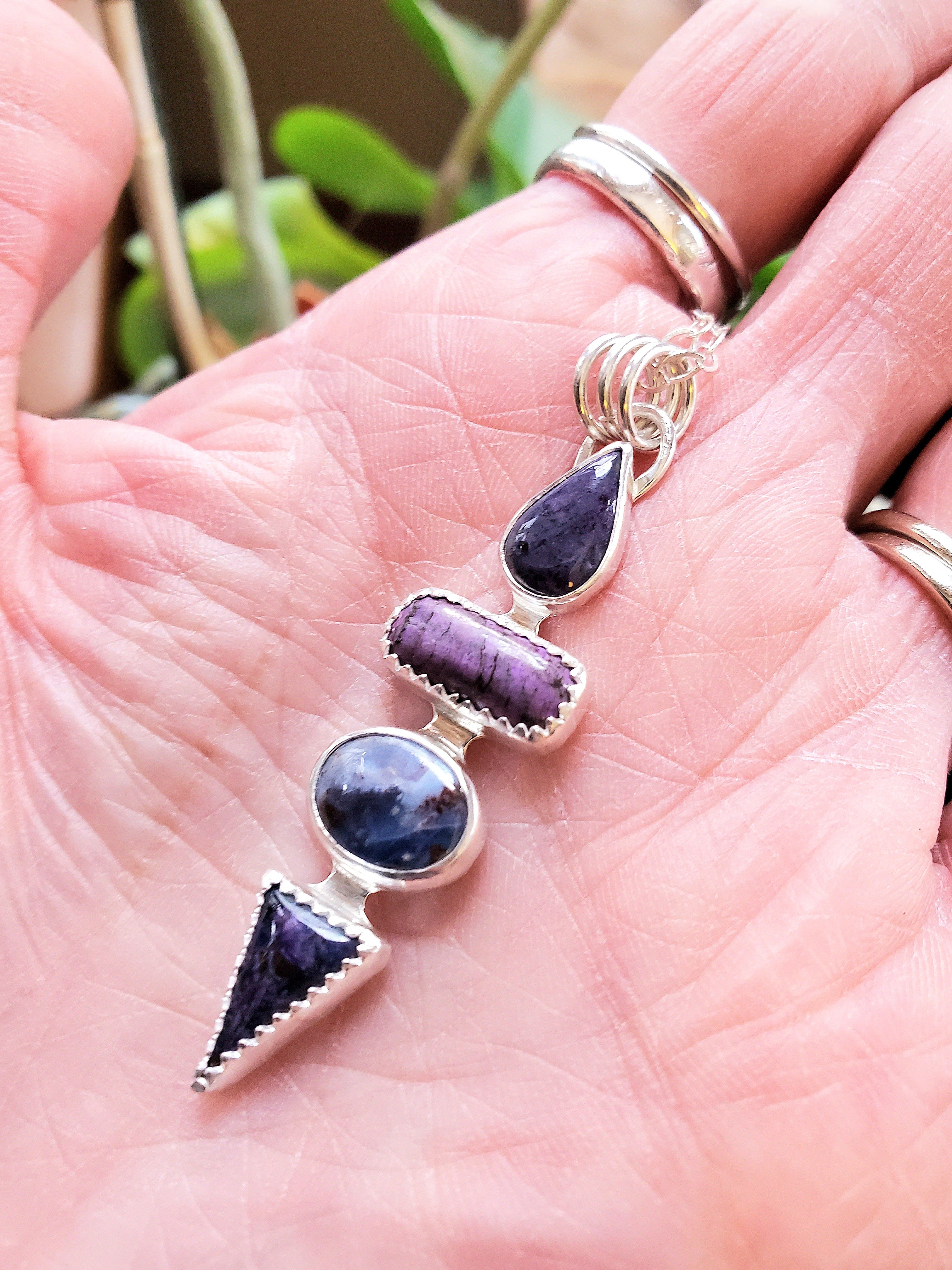 Deep Purple Sugilite Multi Stone Long Pendant Necklace in Solid Sterling Silver