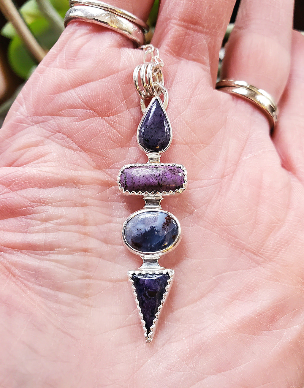 Deep Purple Sugilite Multi Stone Long Pendant Necklace in Solid Sterling Silver
