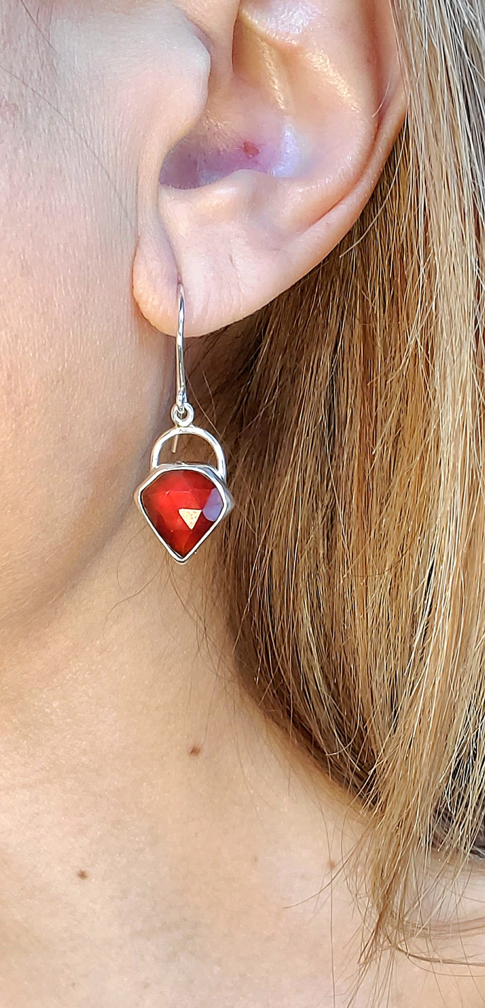 Spessartite Garnet Red-Orange Gem Dangle Drop Faceted Earrings in Solid Sterling Silver