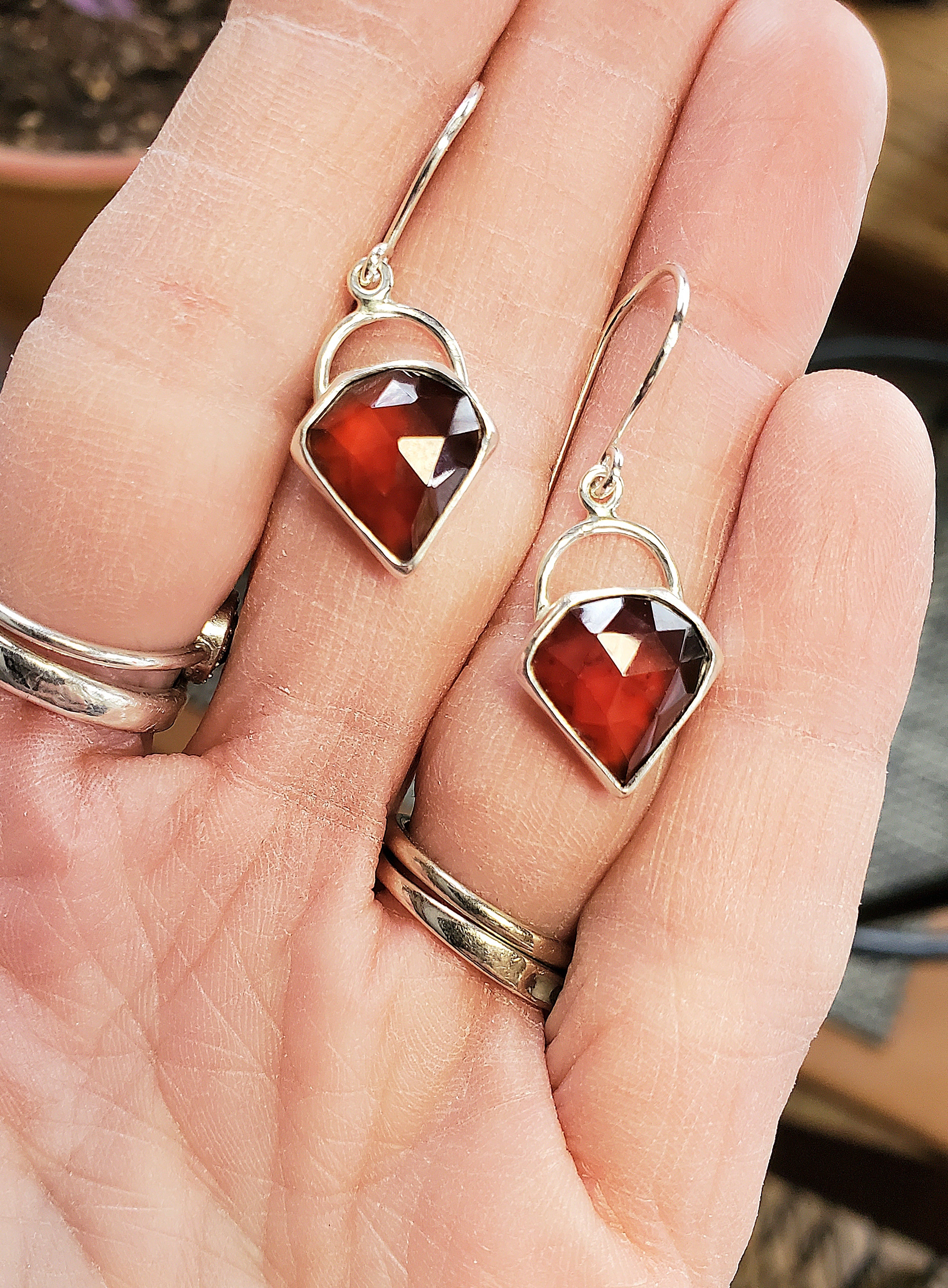 Spessartite Garnet Red-Orange Gem Dangle Drop Faceted Earrings in Solid Sterling Silver