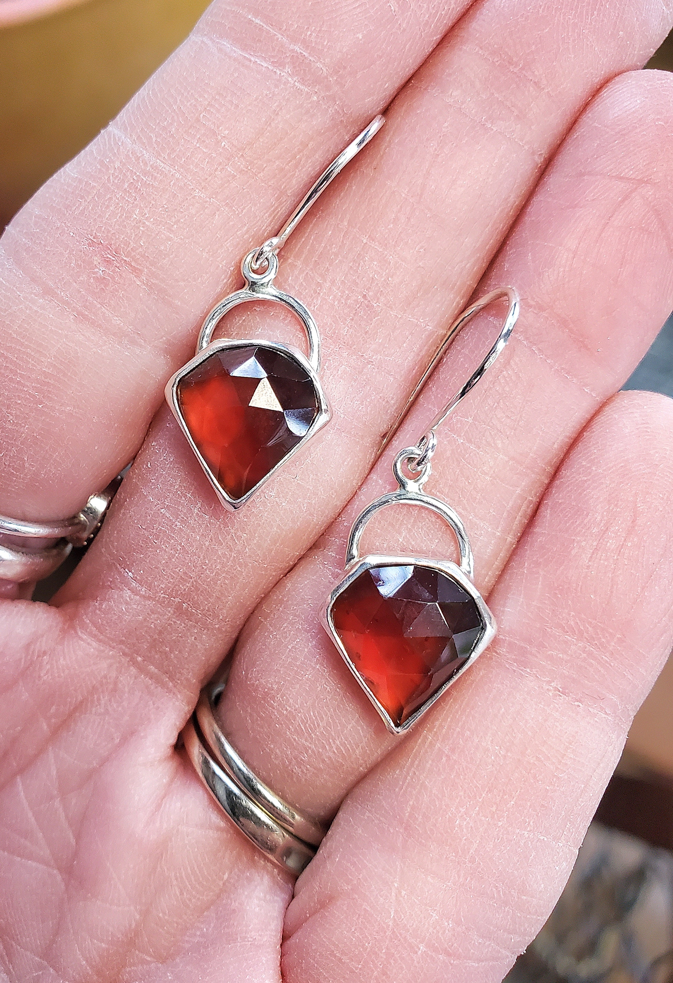 Spessartite Garnet Red-Orange Gem Dangle Drop Faceted Earrings in Solid Sterling Silver