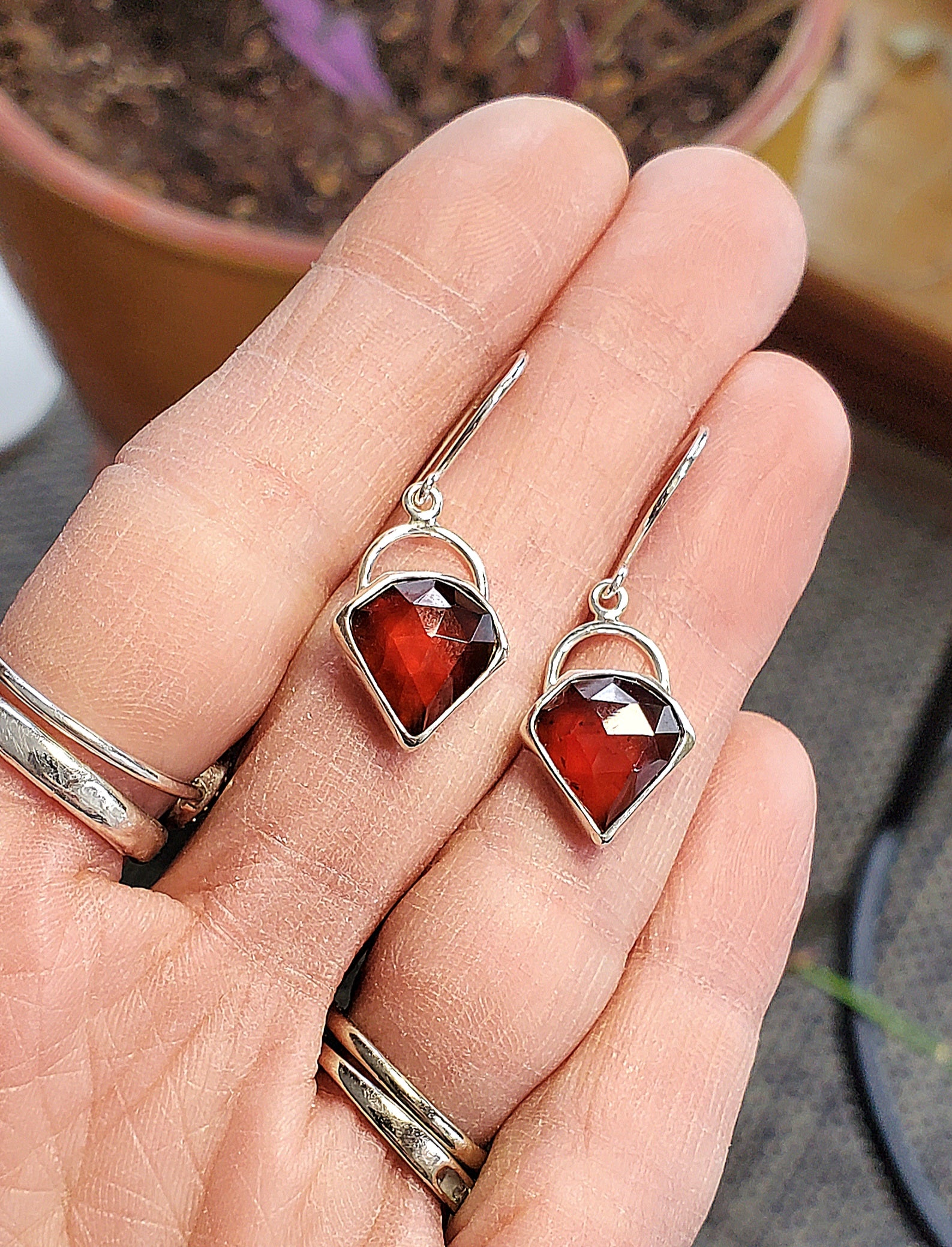 Spessartite Garnet Red-Orange Gem Dangle Drop Faceted Earrings in Solid Sterling Silver