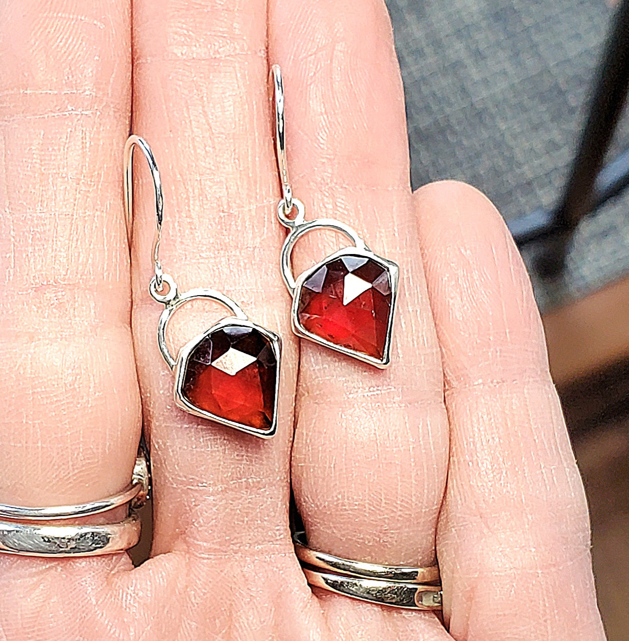 Spessartite Garnet Red-Orange Gem Dangle Drop Faceted Earrings in Solid Sterling Silver