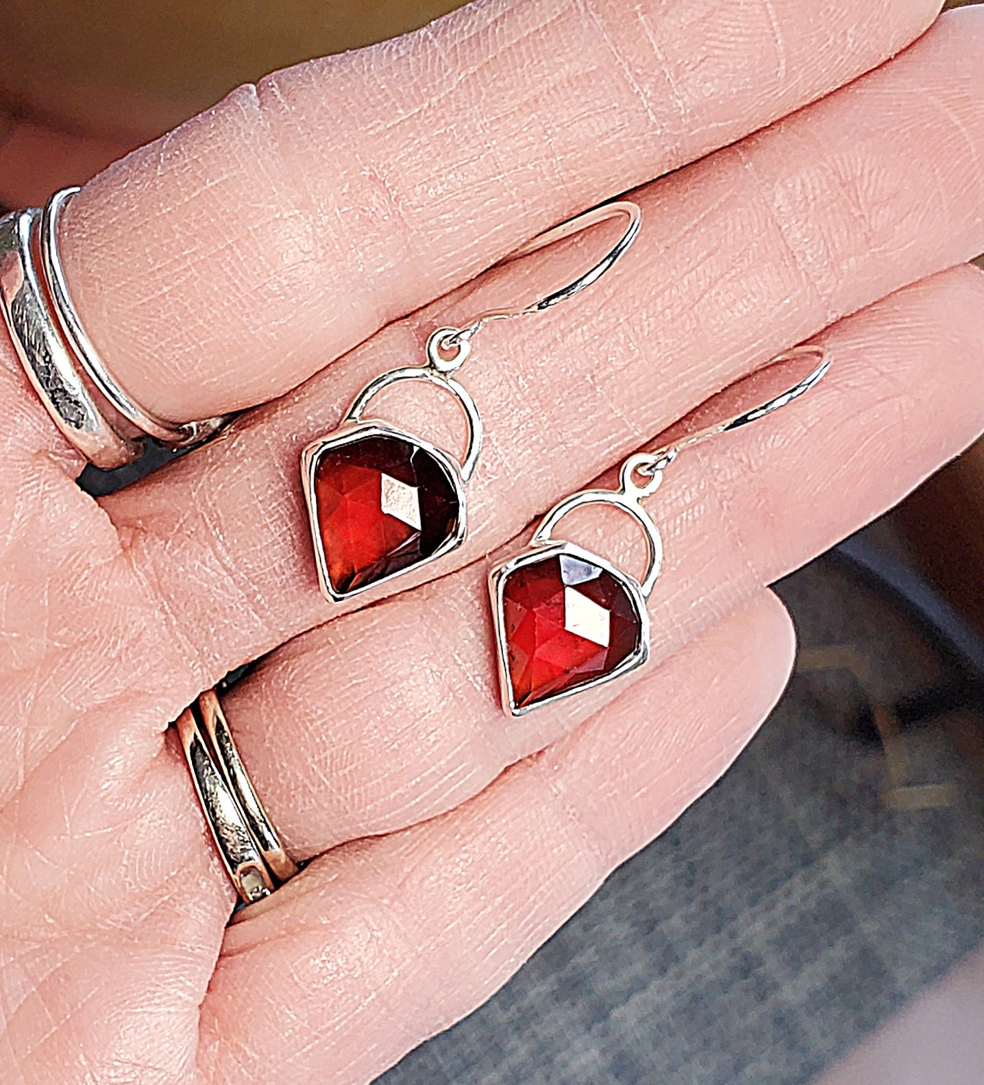 Spessartite Garnet Red-Orange Gem Dangle Drop Faceted Earrings in Solid Sterling Silver