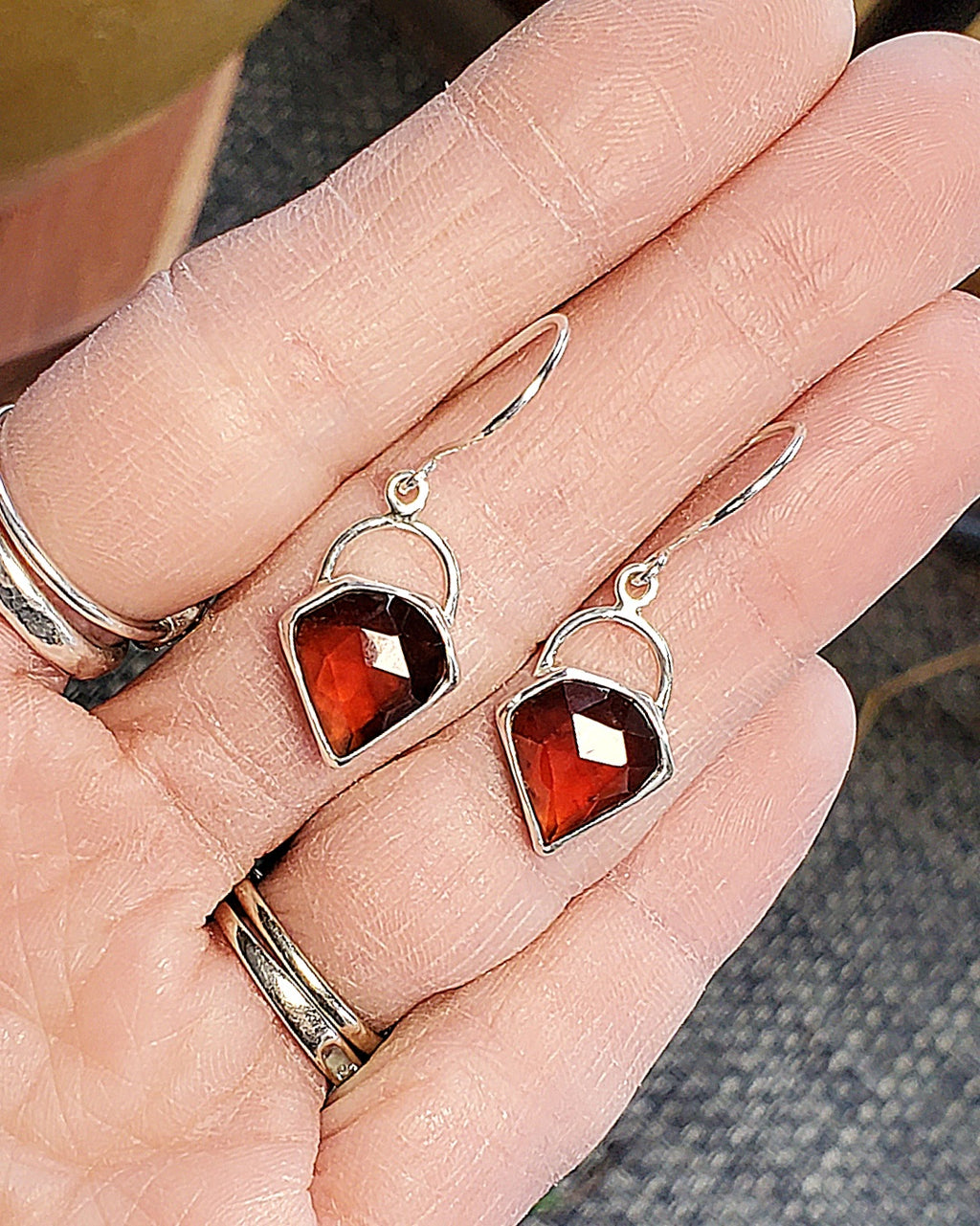 Spessartite Garnet Red-Orange Gem Dangle Drop Faceted Earrings in Solid Sterling Silver