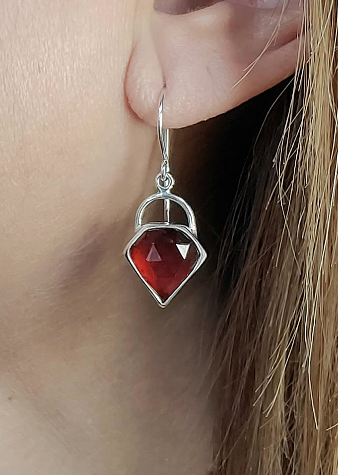 Spessartite Garnet Red-Orange Gem Dangle Drop Faceted Earrings in Solid Sterling Silver