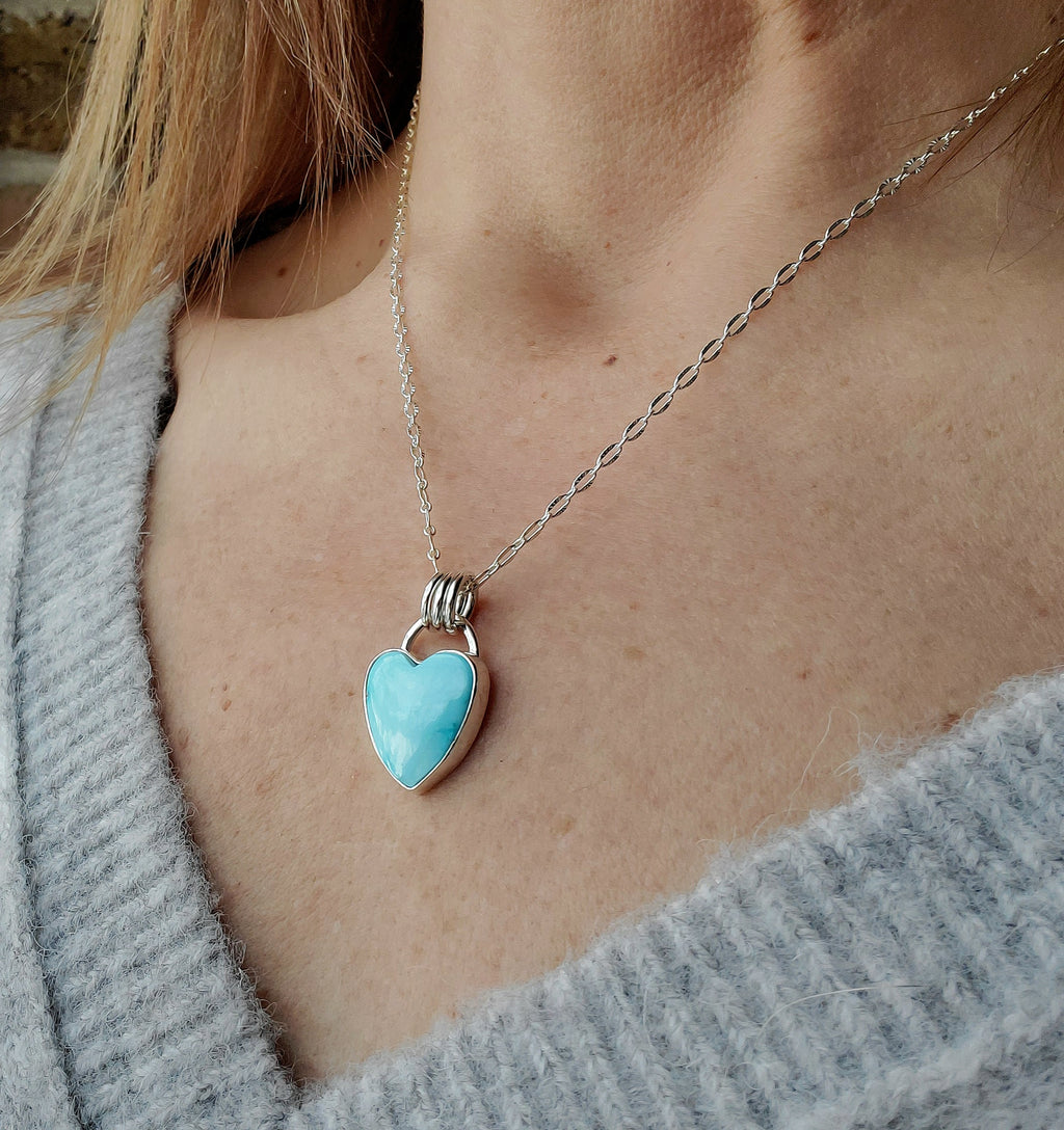 Whitewater Turquoise Baby Blue Heart Pendant Necklace in Solid Sterling Silver