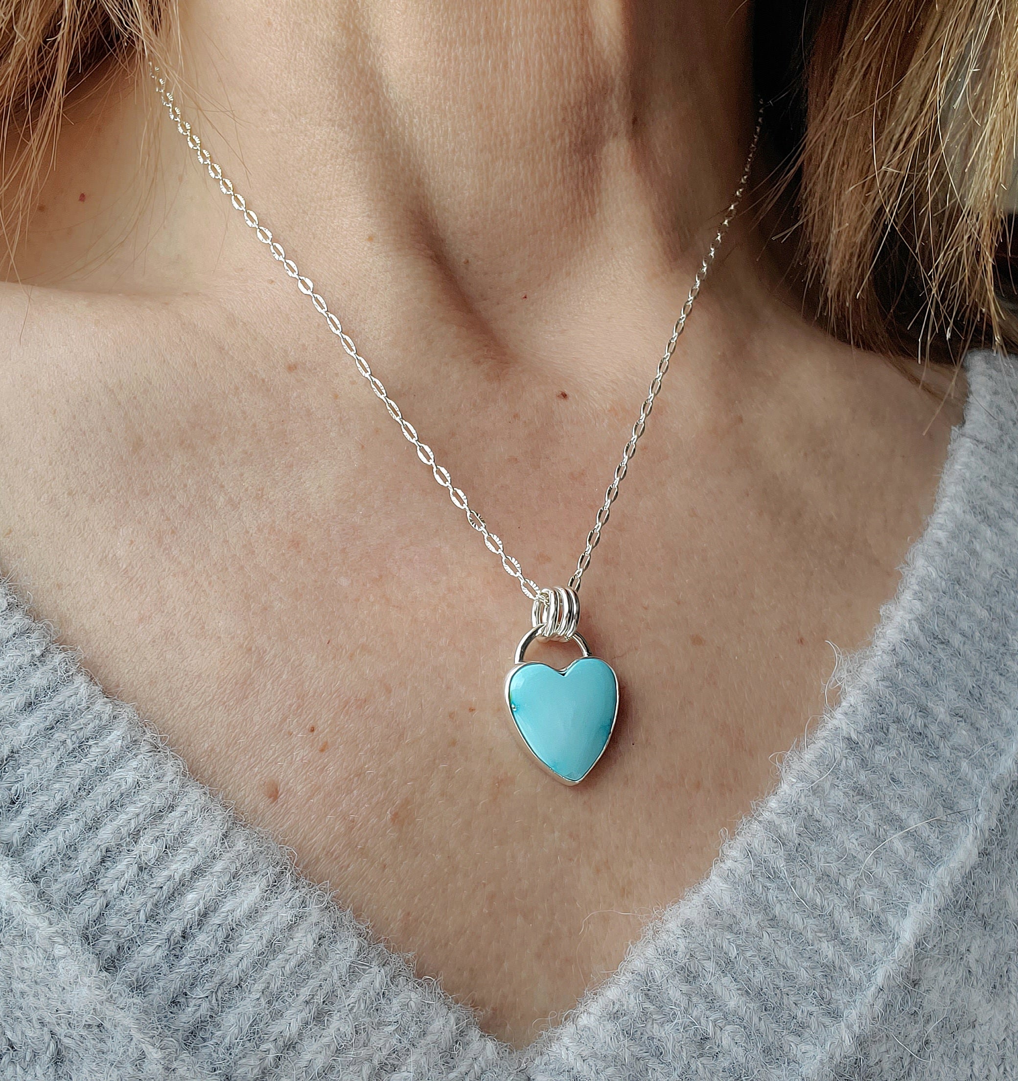 Whitewater Turquoise Baby Blue Heart Pendant Necklace in Solid Sterling Silver