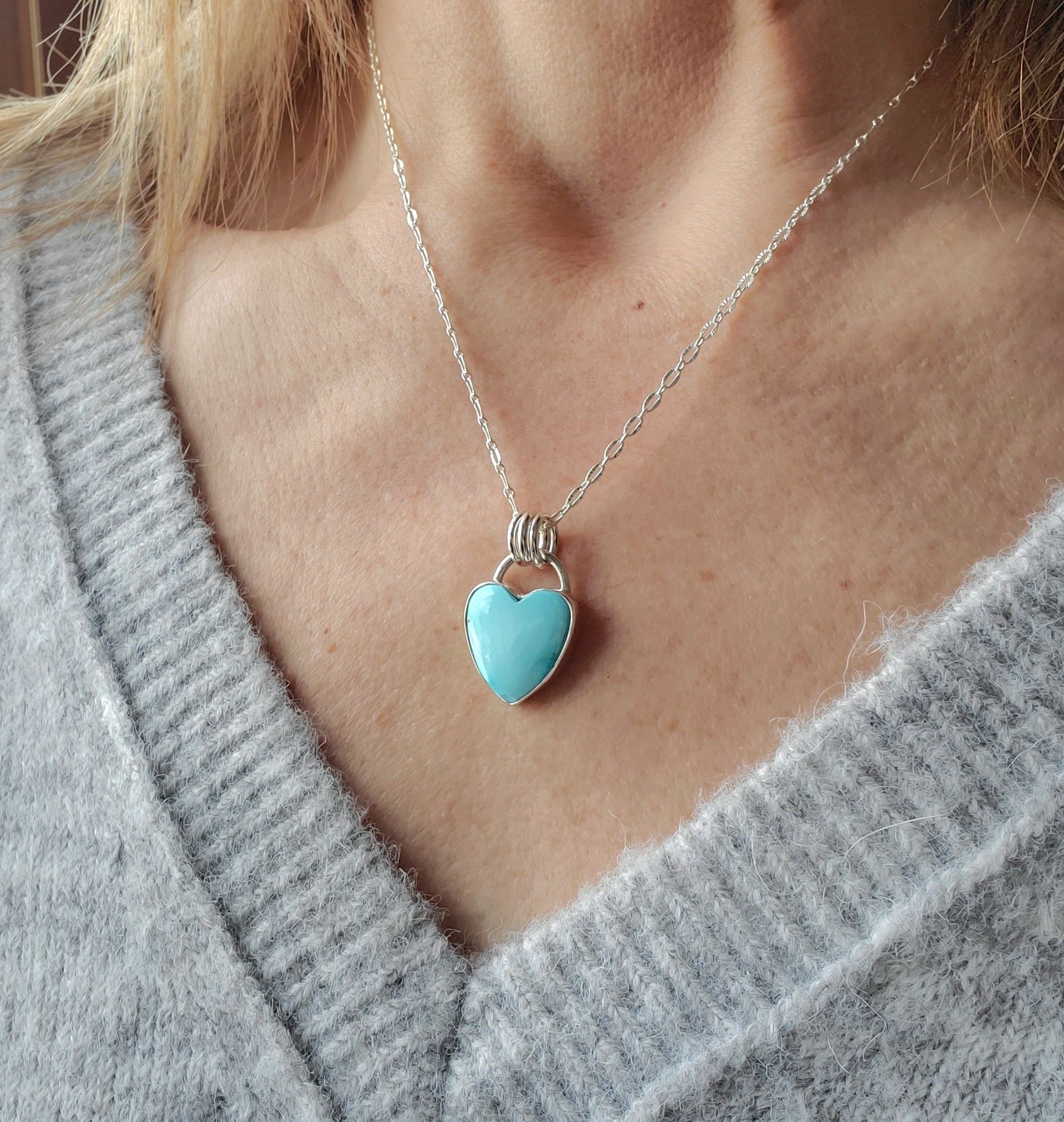 Whitewater Turquoise Baby Blue Heart Pendant Necklace in Solid Sterling Silver