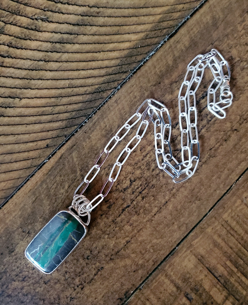 Candelaria Hills Variscite Ribbon Bar Pendant Necklace in Solid Sterling Silver on Paperclip Chain