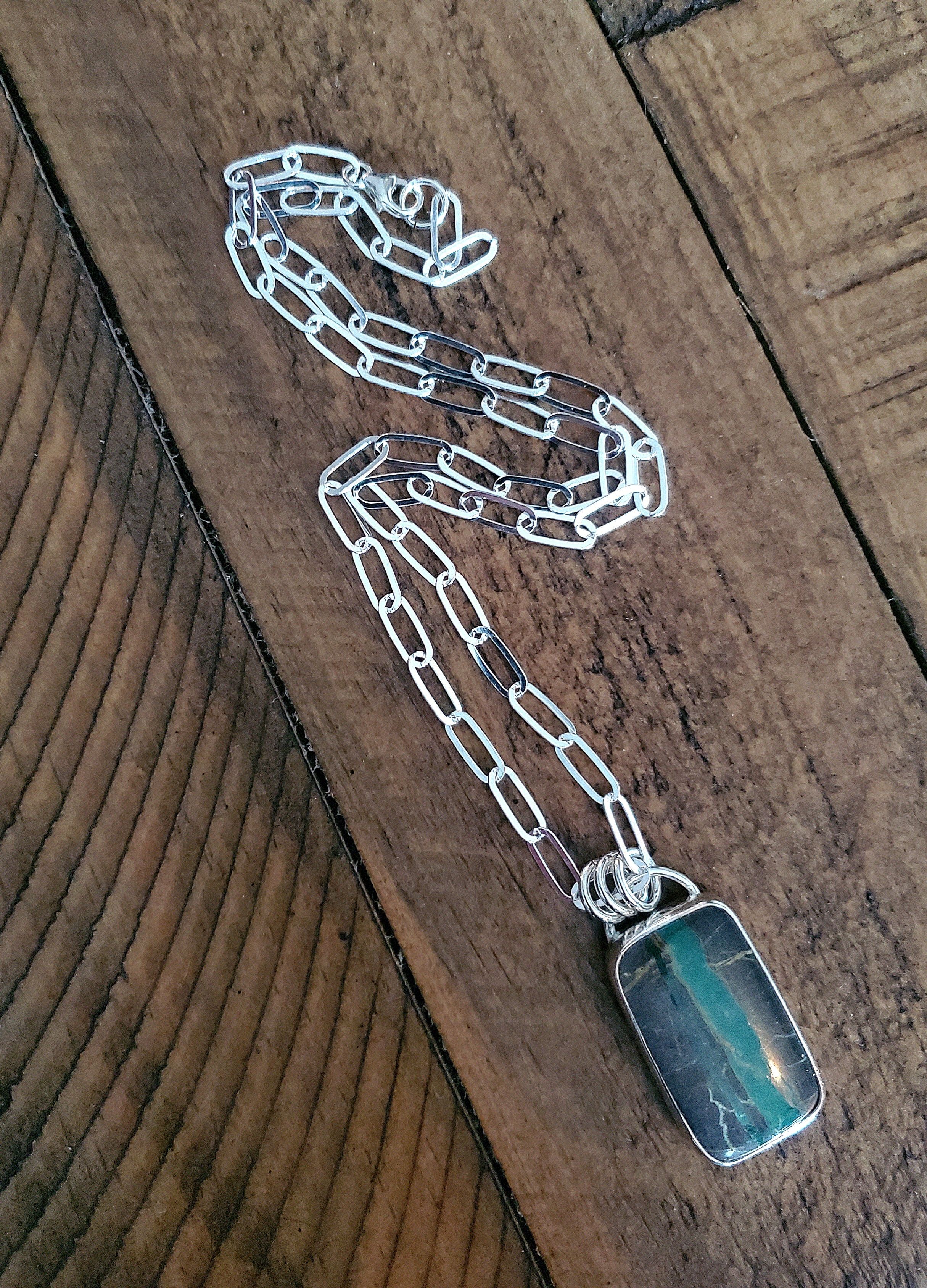 Candelaria Hills Variscite Ribbon Bar Pendant Necklace in Solid Sterling Silver on Paperclip Chain