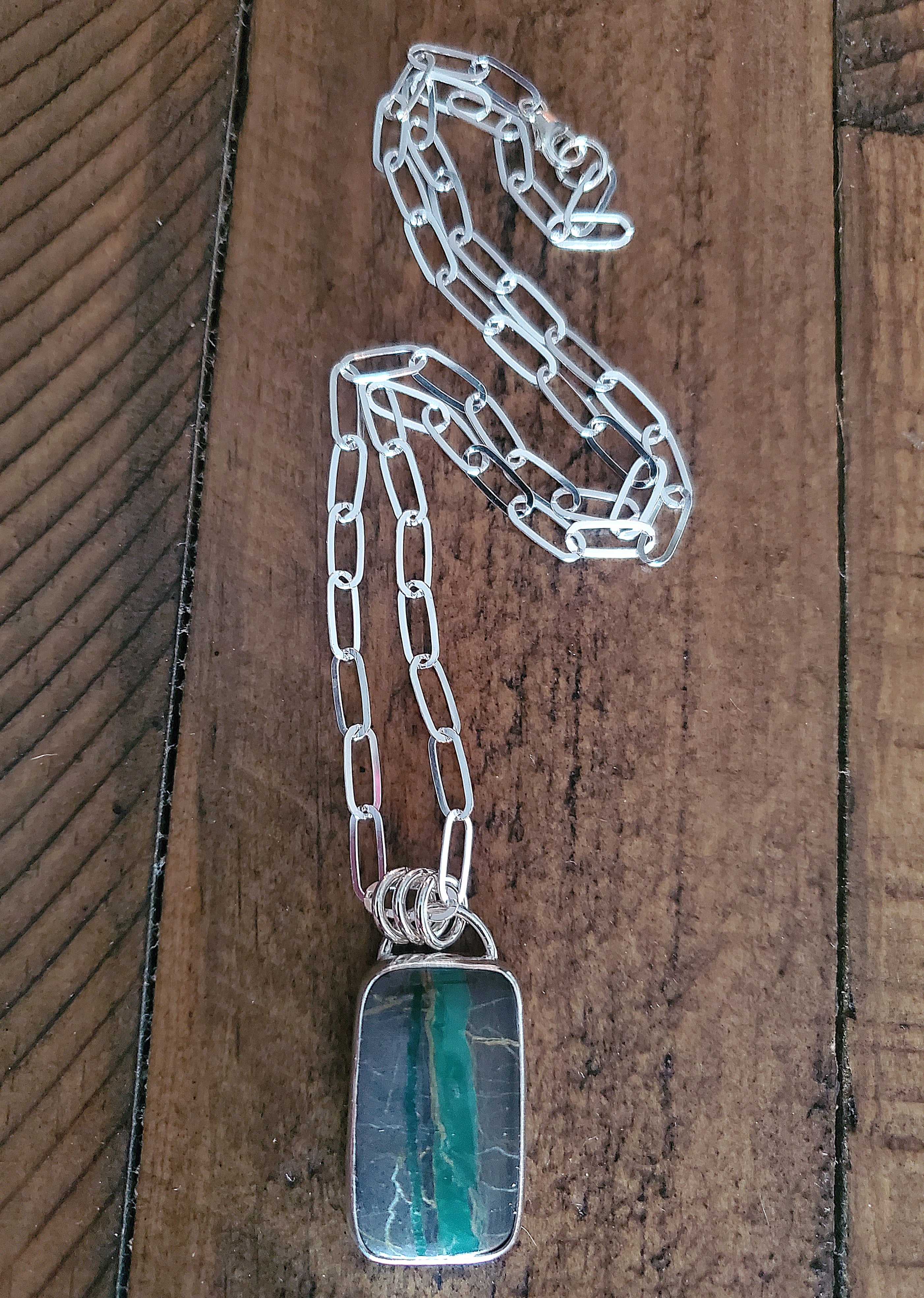 Candelaria Hills Variscite Ribbon Bar Pendant Necklace in Solid Sterling Silver on Paperclip Chain