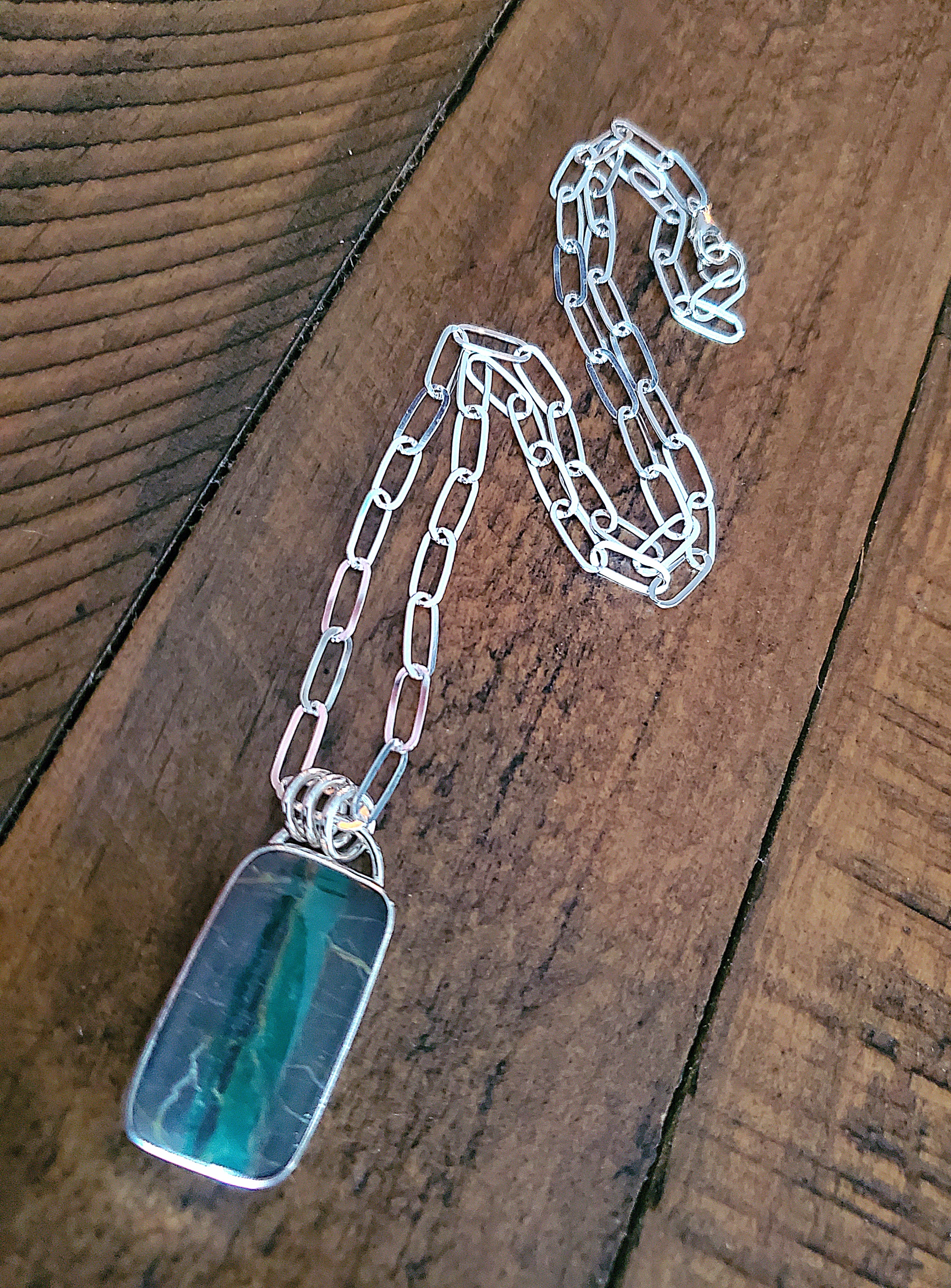 Candelaria Hills Variscite Ribbon Bar Pendant Necklace in Solid Sterling Silver on Paperclip Chain