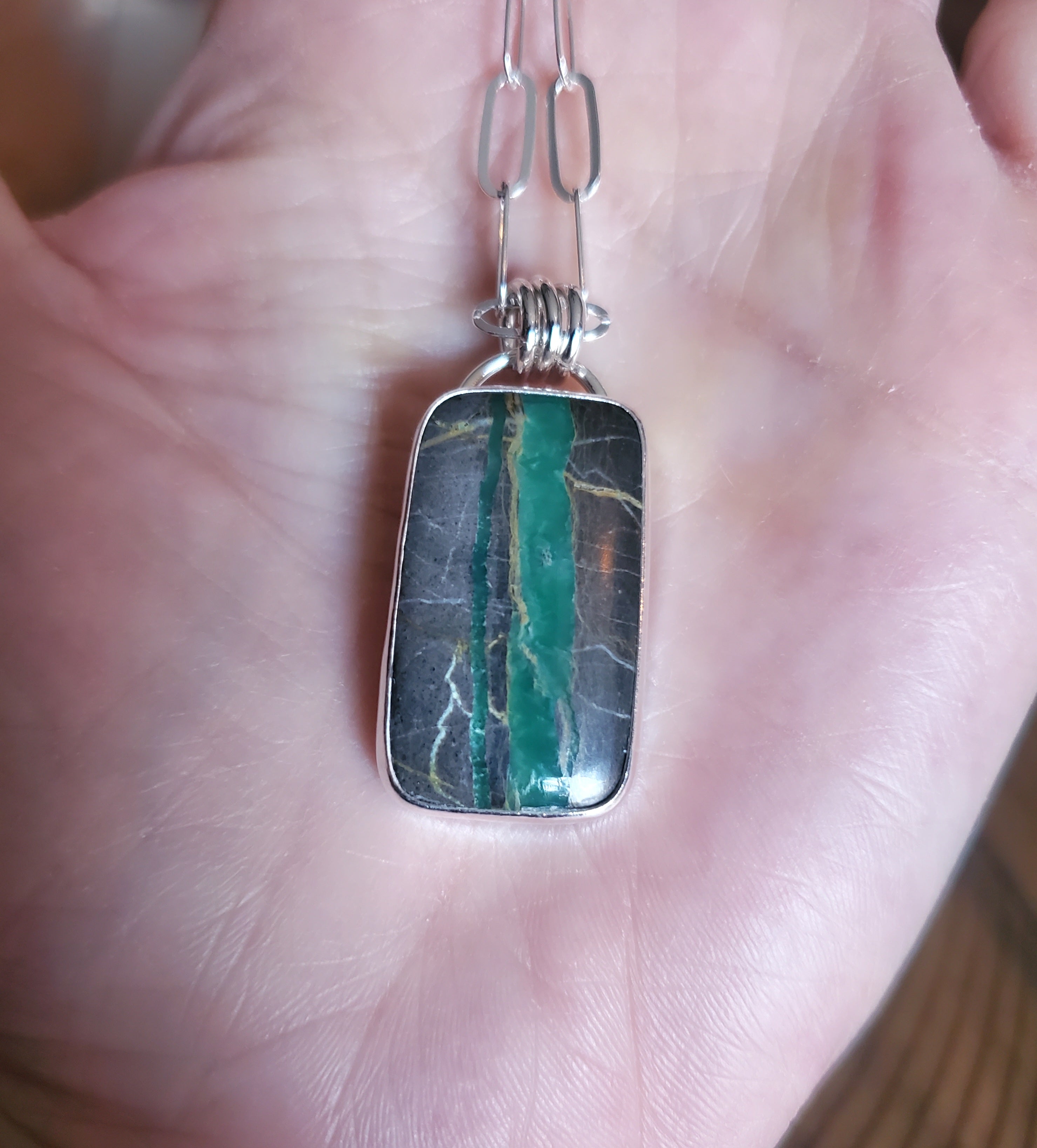 Candelaria Hills Variscite Ribbon Bar Pendant Necklace in Solid Sterling Silver on Paperclip Chain