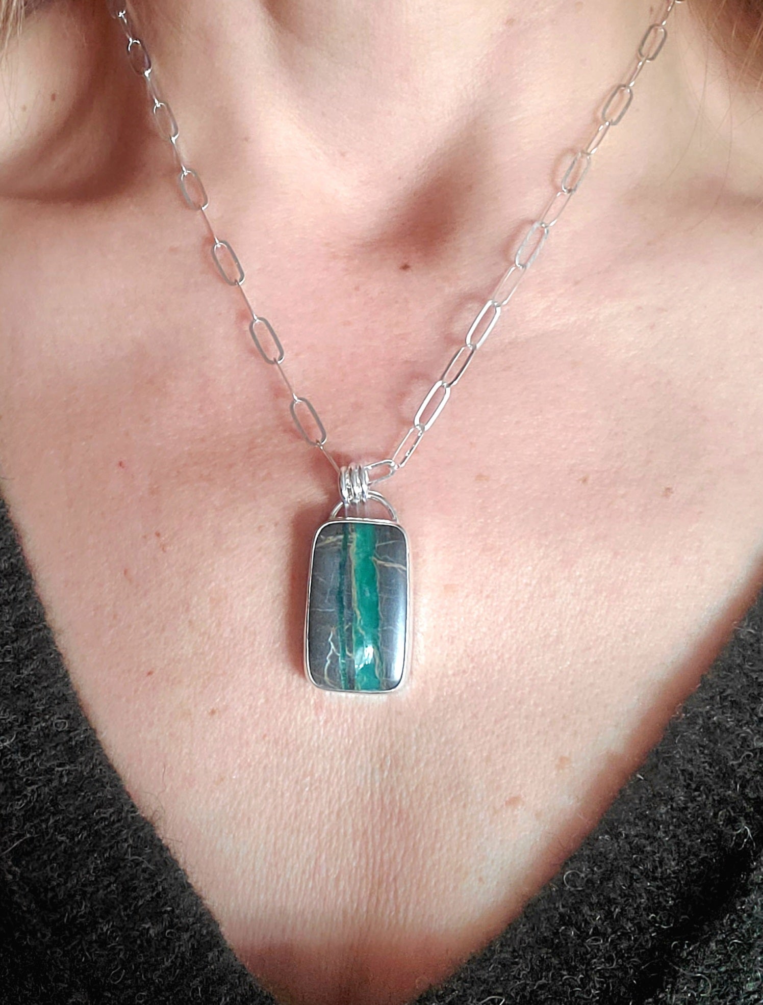 Candelaria Hills Variscite Ribbon Bar Pendant Necklace in Solid Sterling Silver on Paperclip Chain