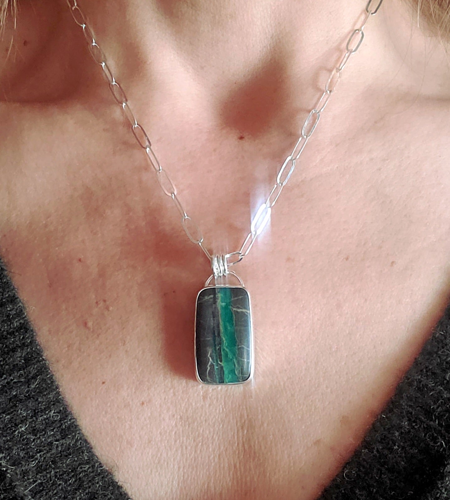 Candelaria Hills Variscite Ribbon Bar Pendant Necklace in Solid Sterling Silver on Paperclip Chain