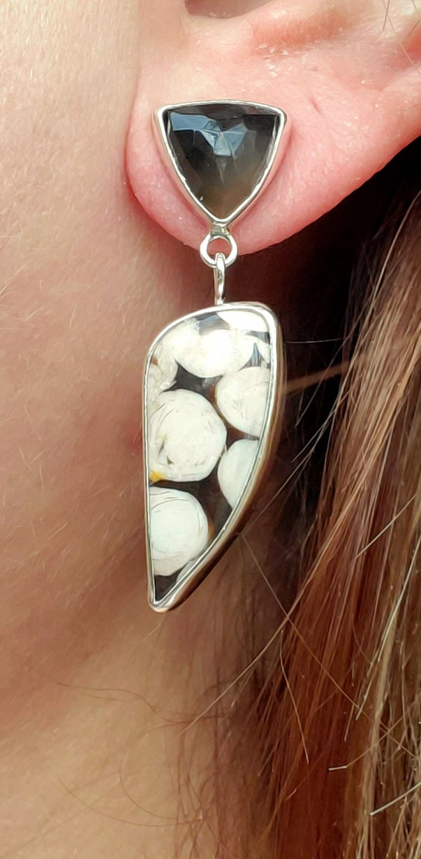Peanut Jasper and African Moonstone Dangle Drop Earrings In Solid Sterling Silver