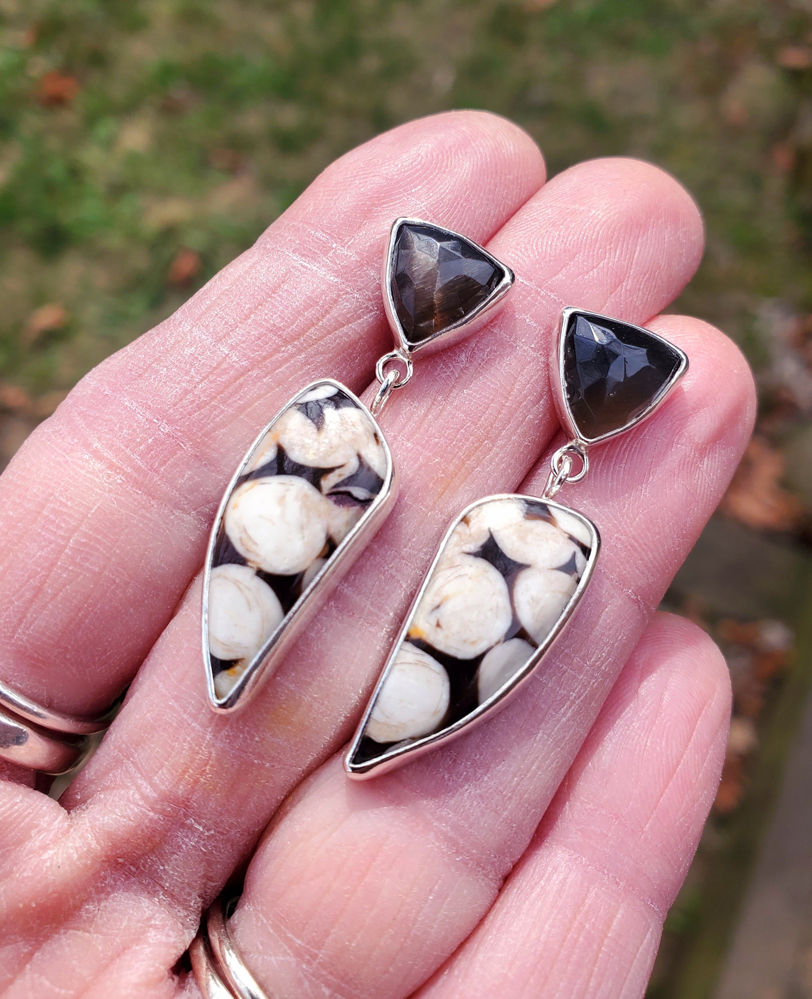 Peanut Jasper and African Moonstone Dangle Drop Earrings In Solid Sterling Silver