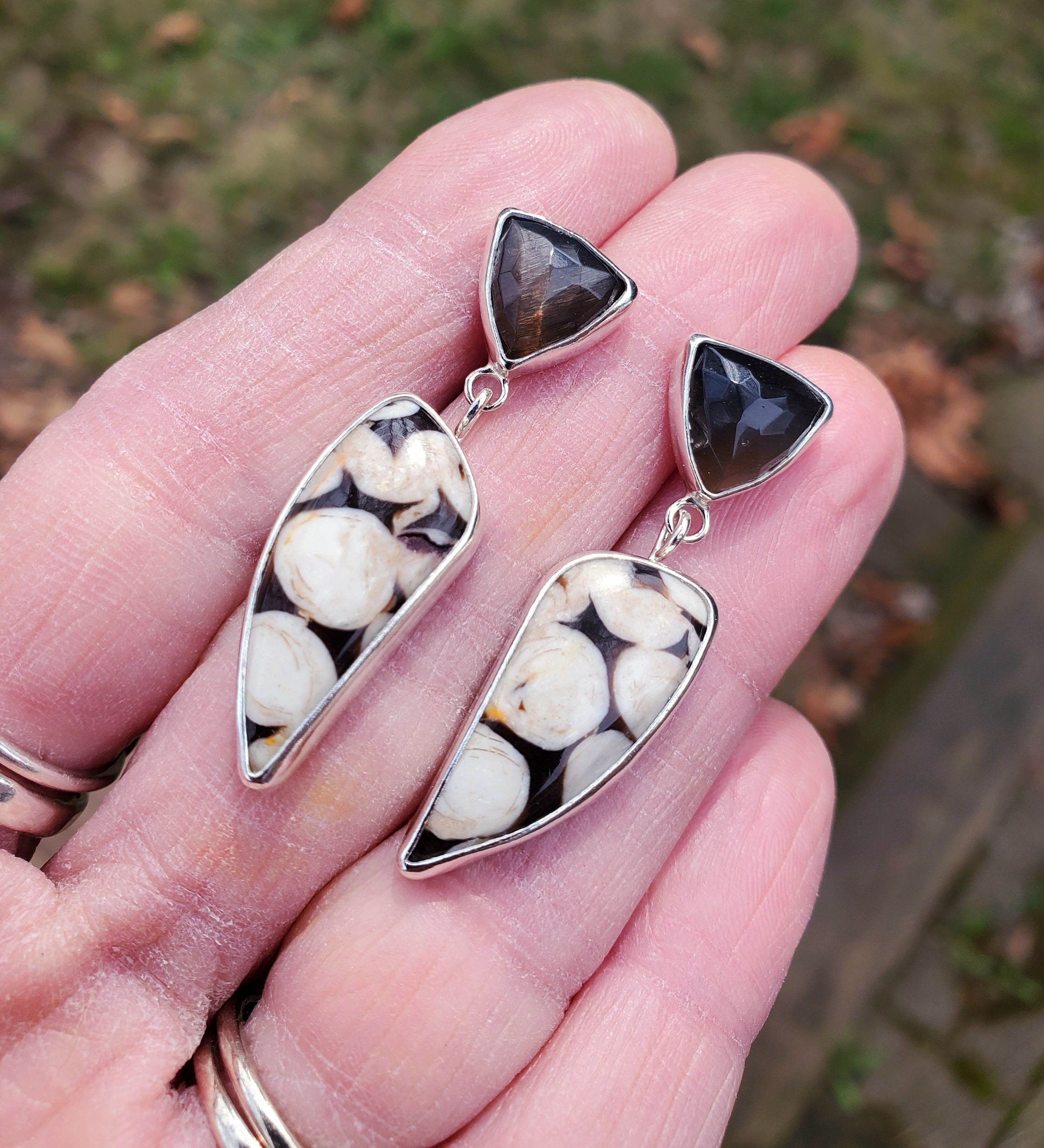 Peanut Jasper and African Moonstone Dangle Drop Earrings In Solid Sterling Silver